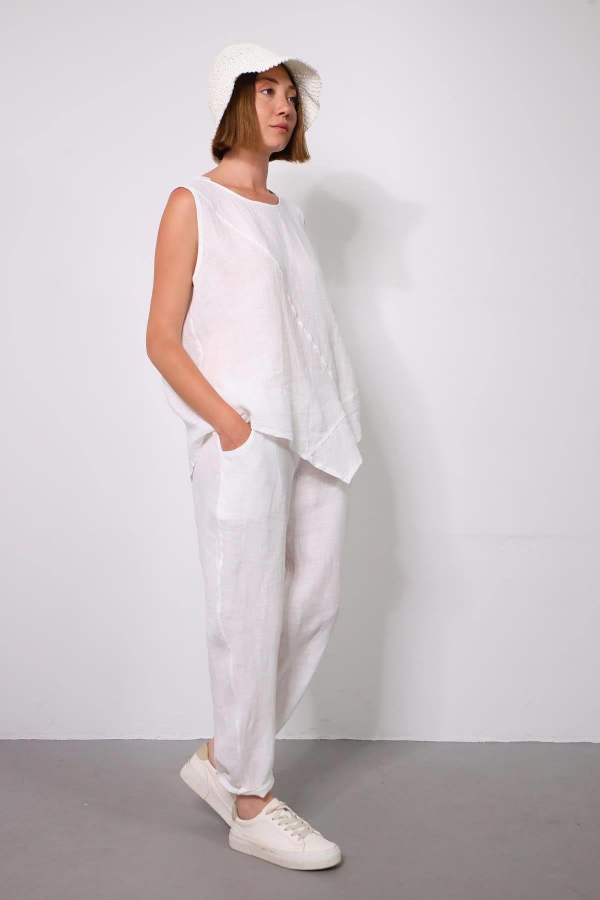  Beyaz Dikişli Sıfır Kol Bluz ve Pantolon Keten Takım