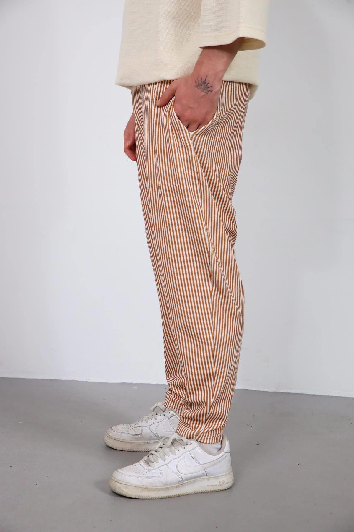  Tarçın Rengi Çizgili Dar Paça Erkek Pantolon