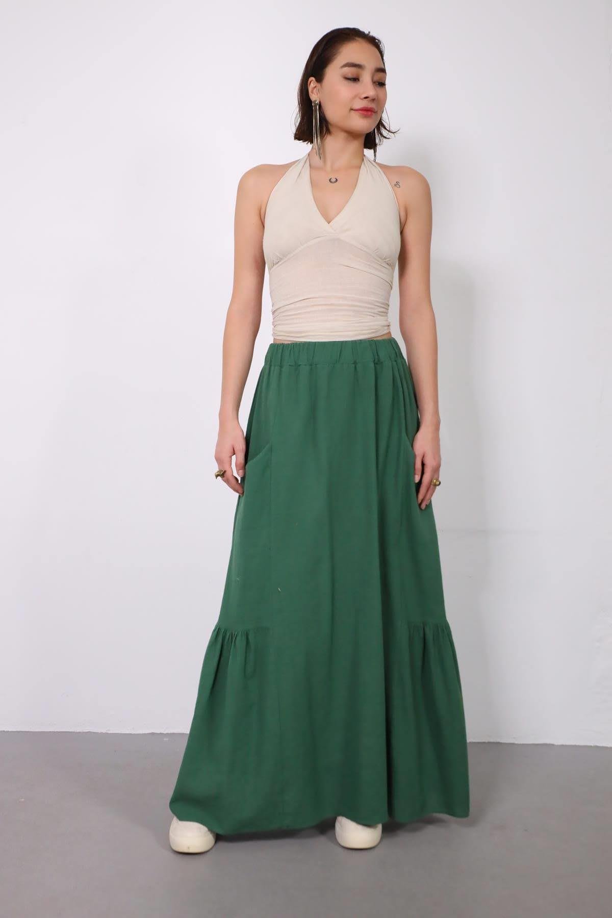  Yeşil Keten Cepli Pileli Etek