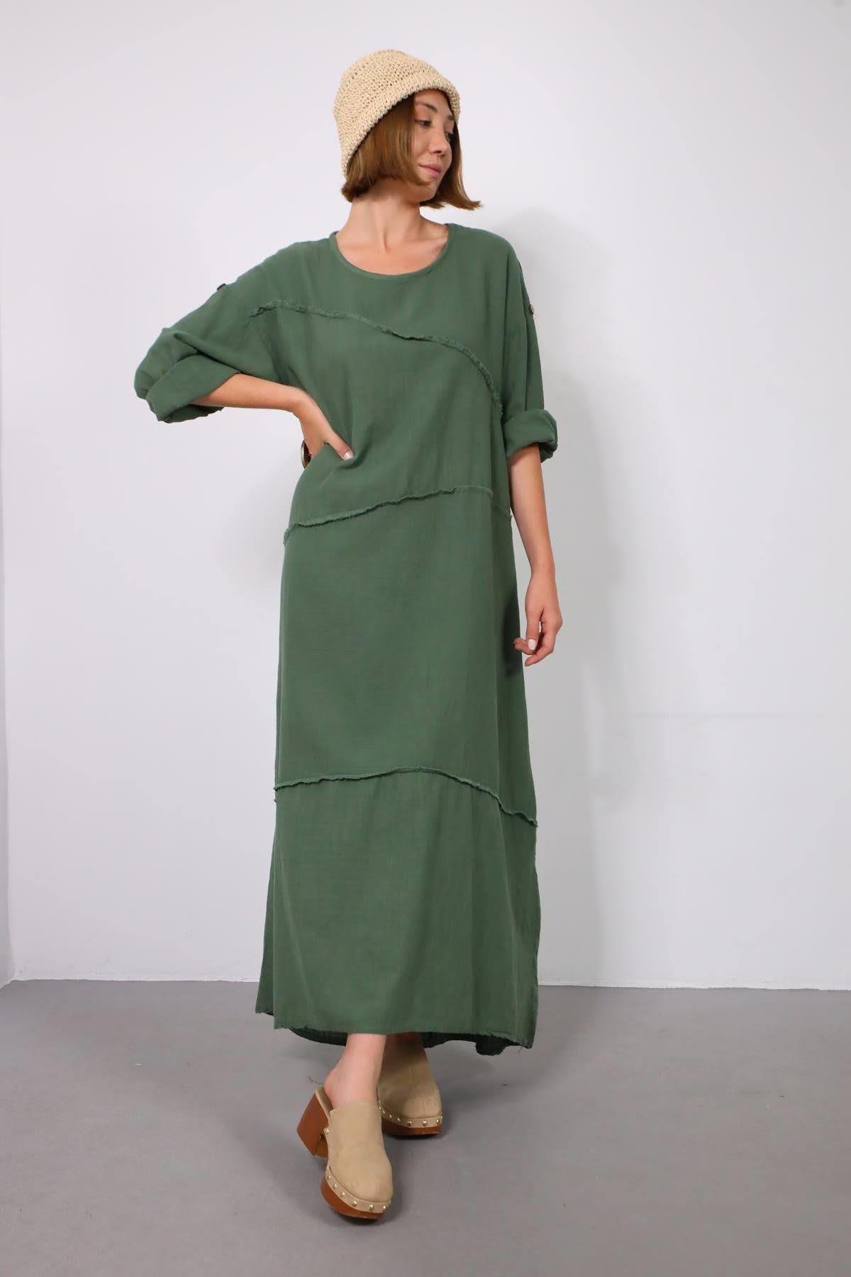 Haki Önü Dikişli Kolları Apoletli Elbise - Şaman Butik Haki Önü Dikişli Kolları Apoletli Elbise