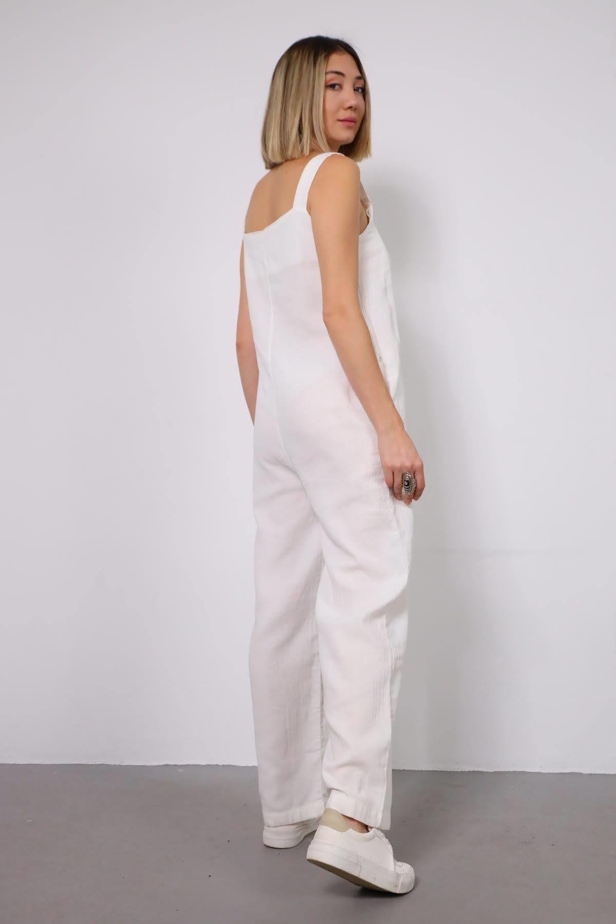 Beyaz Kalın Askılı Keten Tulum - Şaman Butik - Bohem Giyim ve Aksesuar | Kadın & Erkek Beyaz Kalın Askılı Keten Tulum