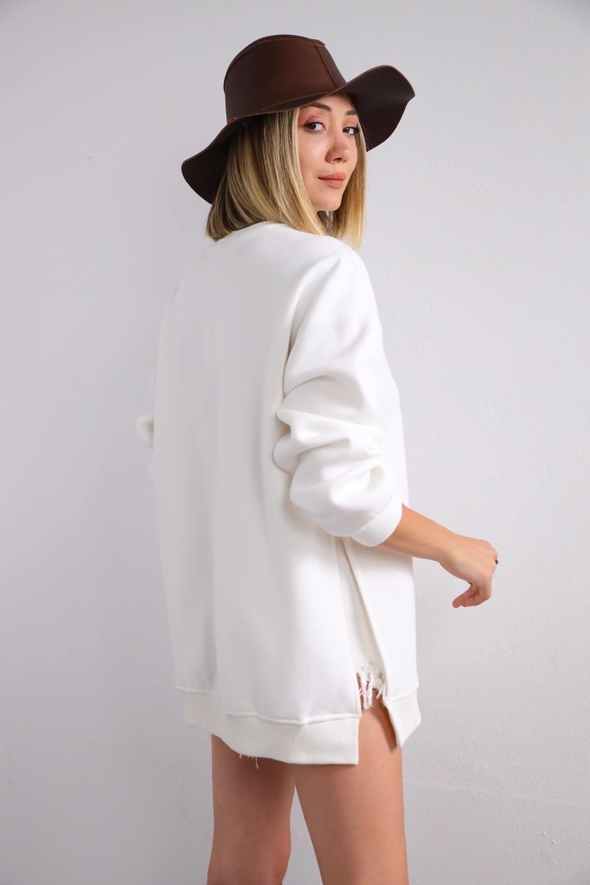  Ekru Yanları Yırtmaçlı Sweatshirt