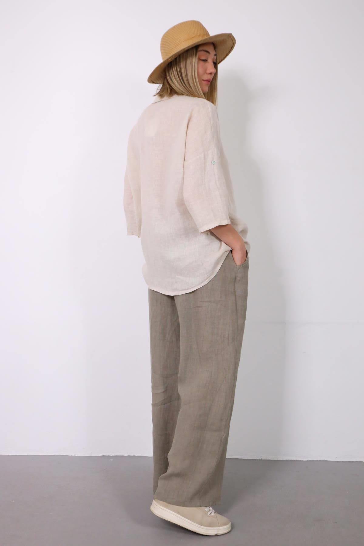  Krem Rengi Kolları Apoletli Keten Gömlek