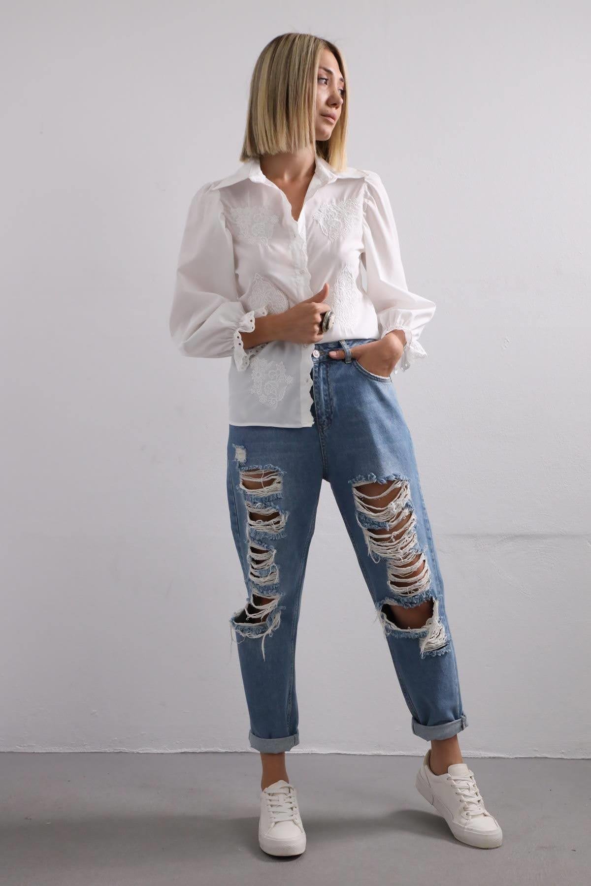 Navy Blue Floral Stitched Waist Shirt Dress - Şaman Butik White Guipure Detail Vintage Shirt