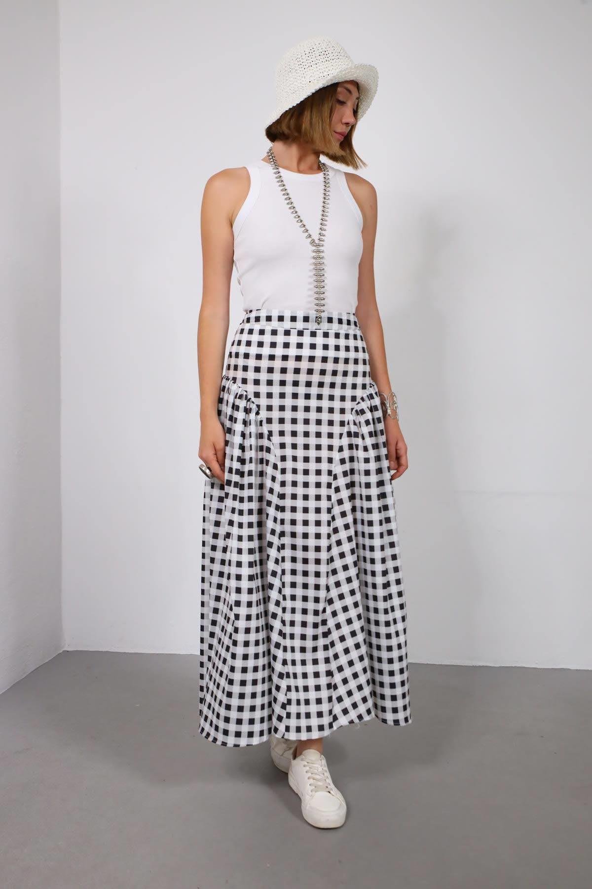  Siyah Büzgülü Ekose Etek