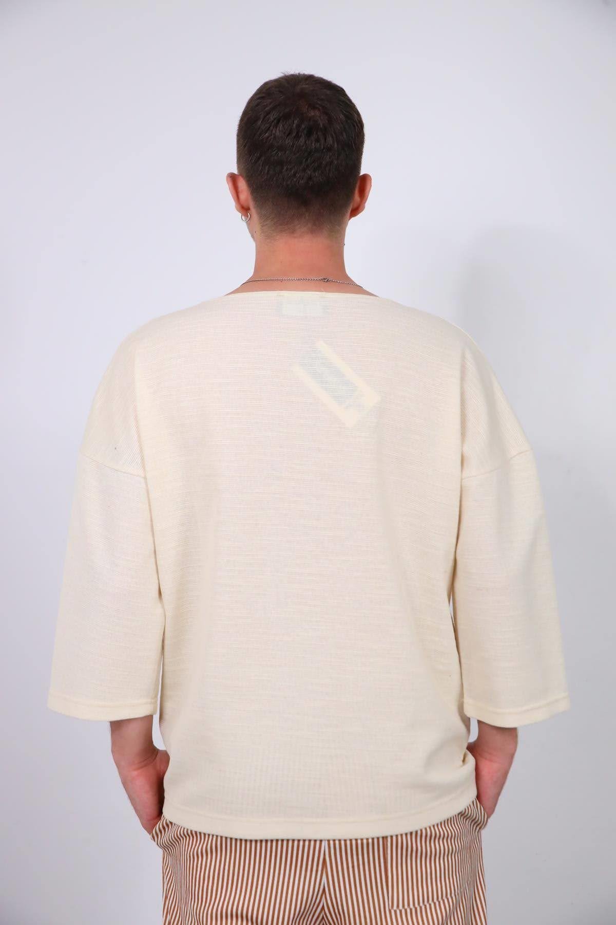  Krem Rengi Geniş Yaka Truvakar Kol Erkek Sweatshirt