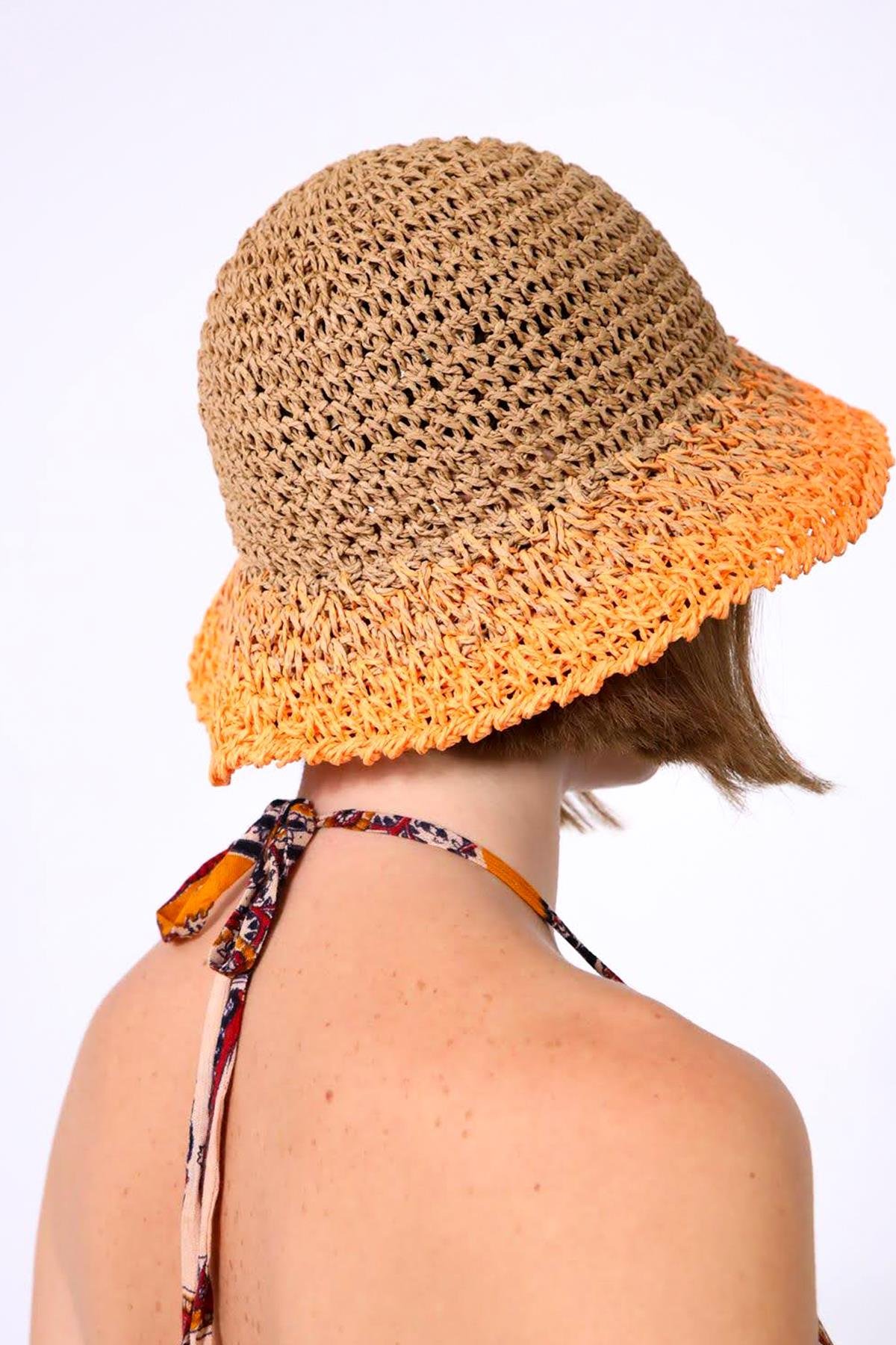  Turuncu Camel Rengi Geçişli El Örgüsü Hasır Şapka