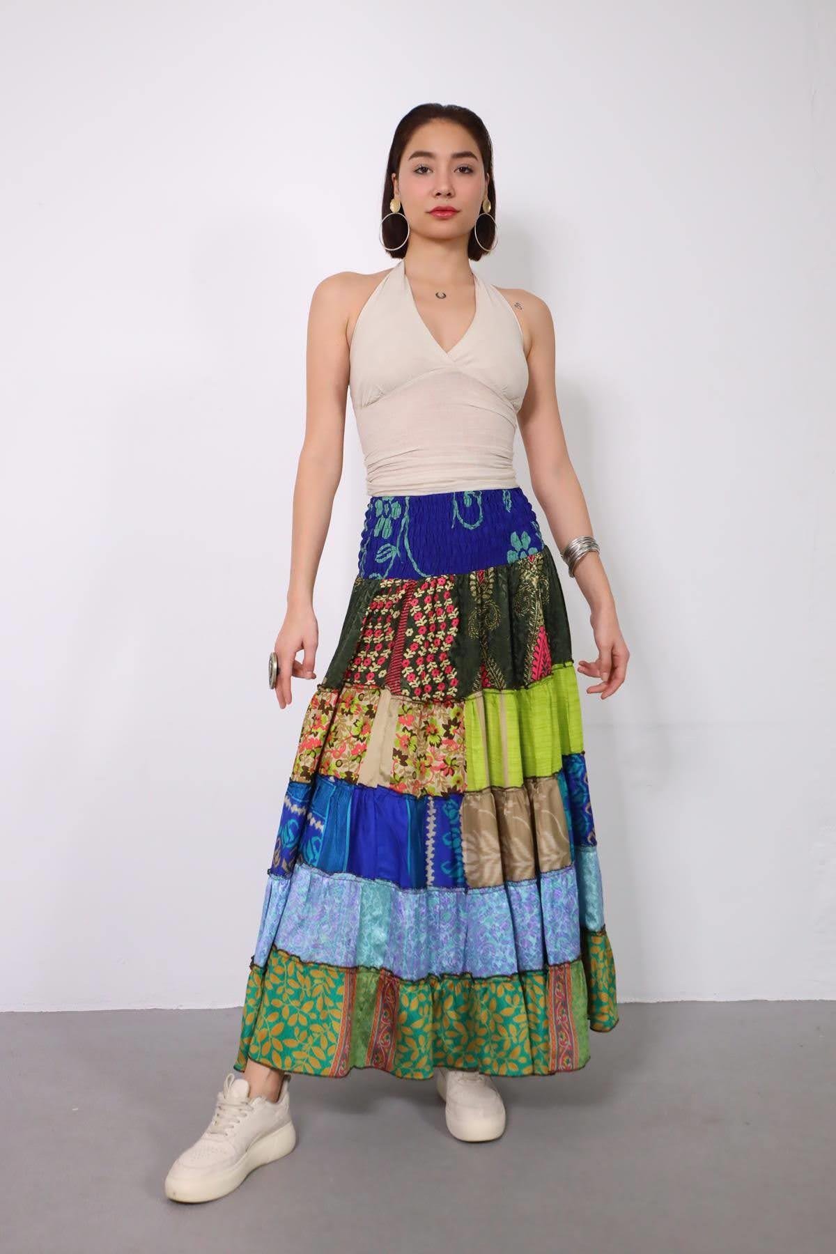 Renkli Beli Lastikli Otantik Desenli Patchwork Etek - Şaman Butik Renkli Beli Lastikli Otantik Desenli Patchwork Etek