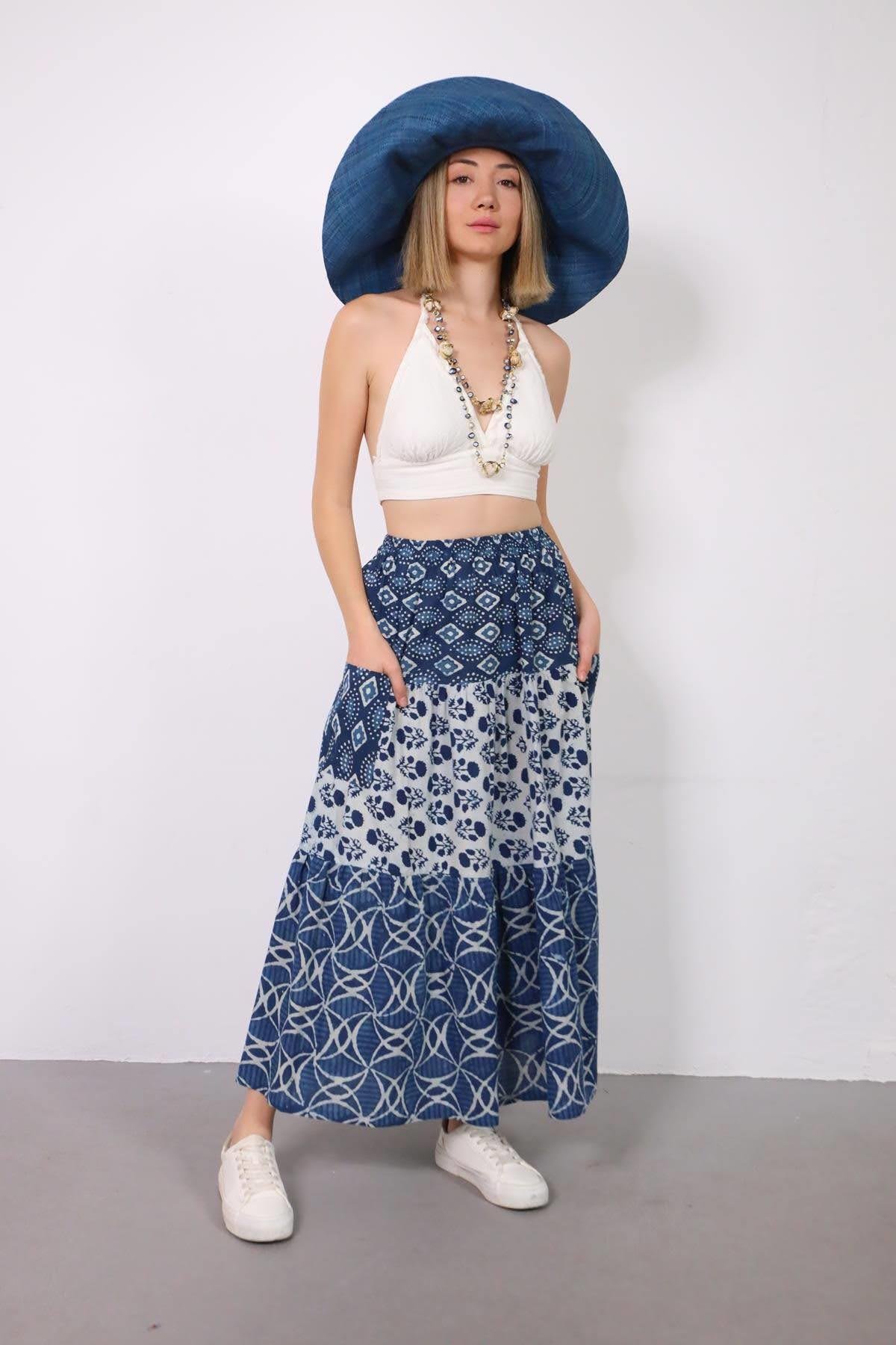 Mavi Cepli Otantik Parçalı Etek - Şaman Butik Mavi Cepli Otantik Parçalı Etek