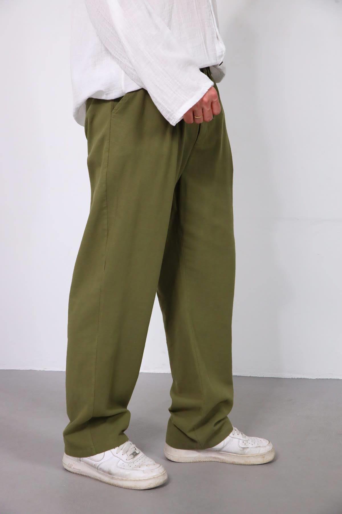  Haki Beli Lastikli Pileli Pantolon