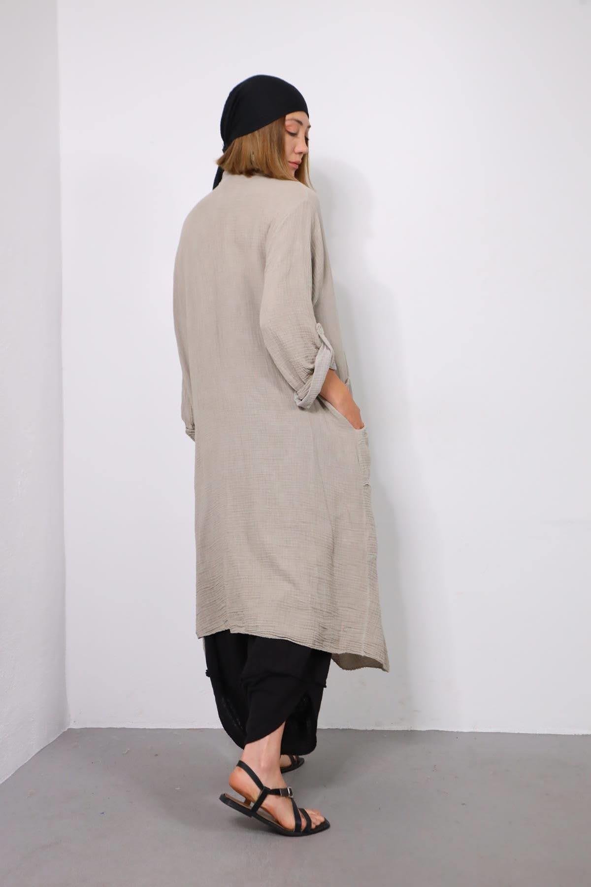  Vizon Rengi Cebi Püskül Detaylı Yıkama Müslin Kaftan