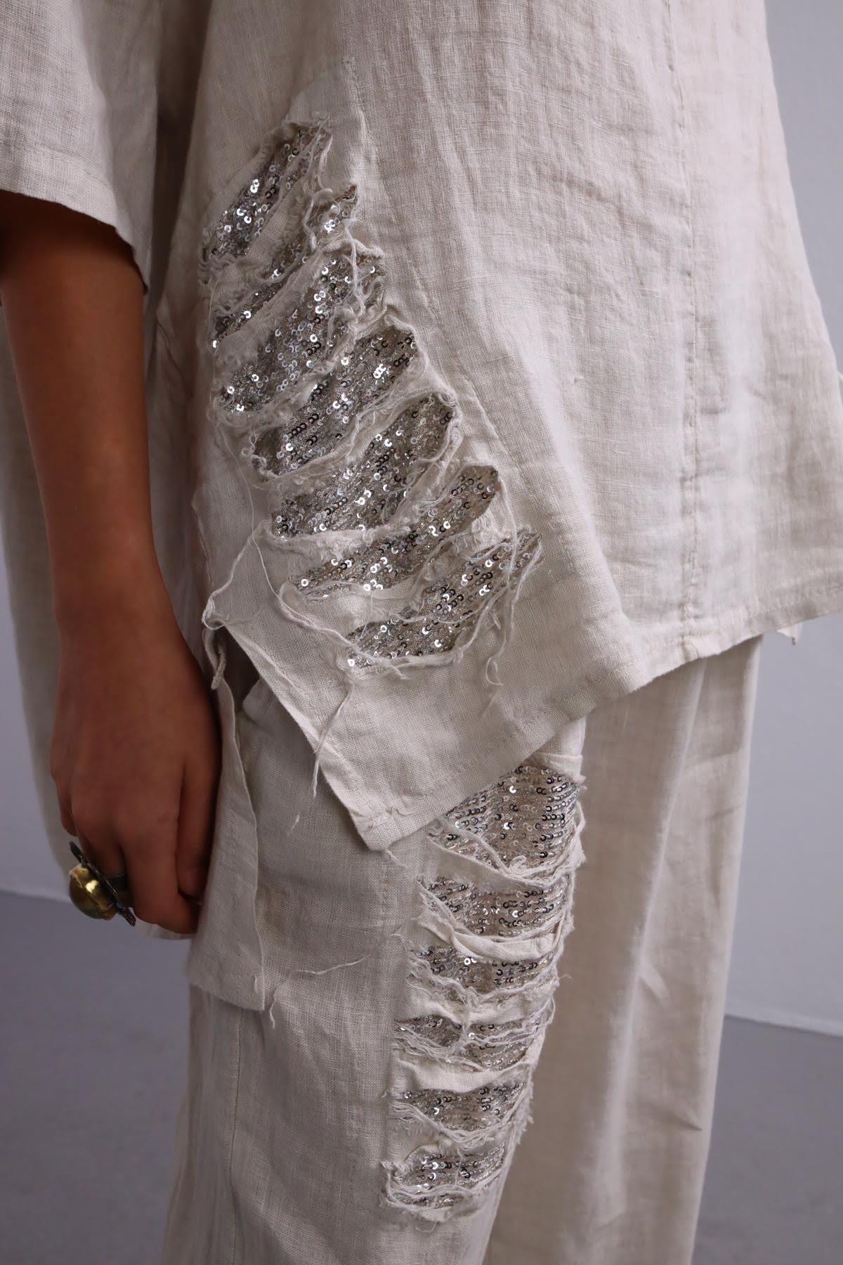  Krem Rengi Pullu V Yaka Keten Takım