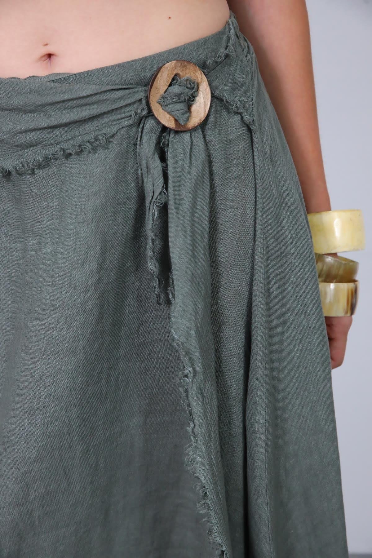 Haki Püsküllü Kemerli Keten Etek - Şaman Butik Haki Püsküllü Kemerli Keten Etek