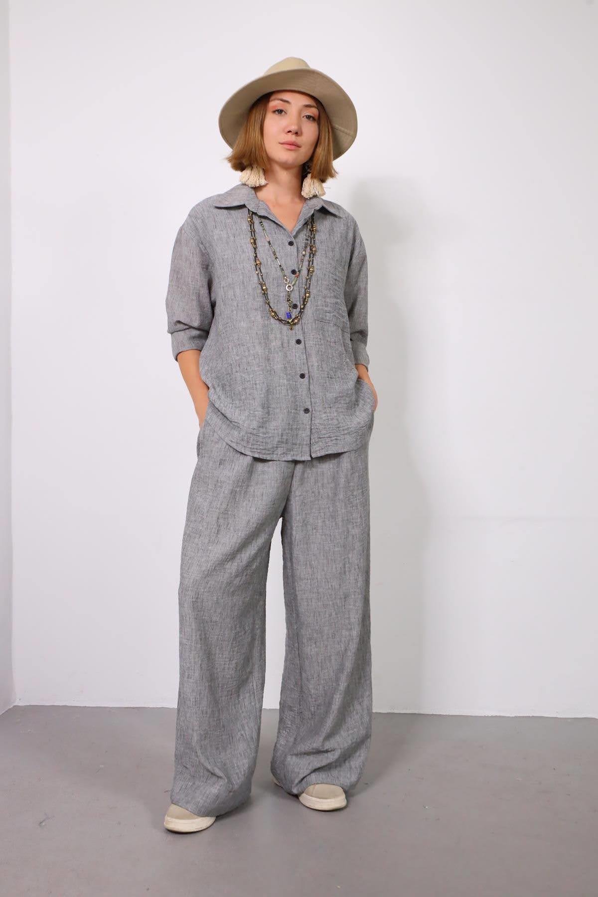 Gri Keten Klasik Düğmeli Pantolon ve Gömlek Takım - Şaman Butik Gri Keten Klasik Düğmeli Pantolon ve Gömlek Takım