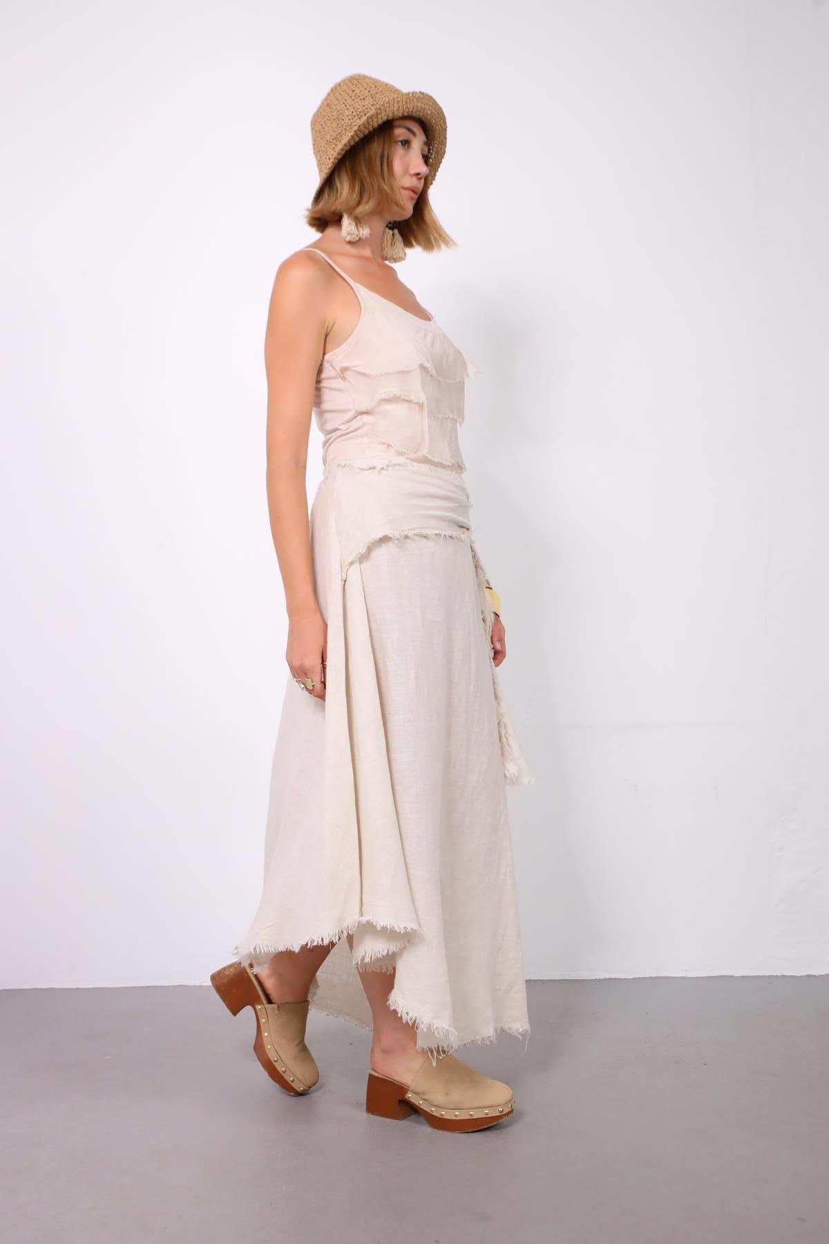  Krem Rengi Püsküllü Kemerli Keten Etek