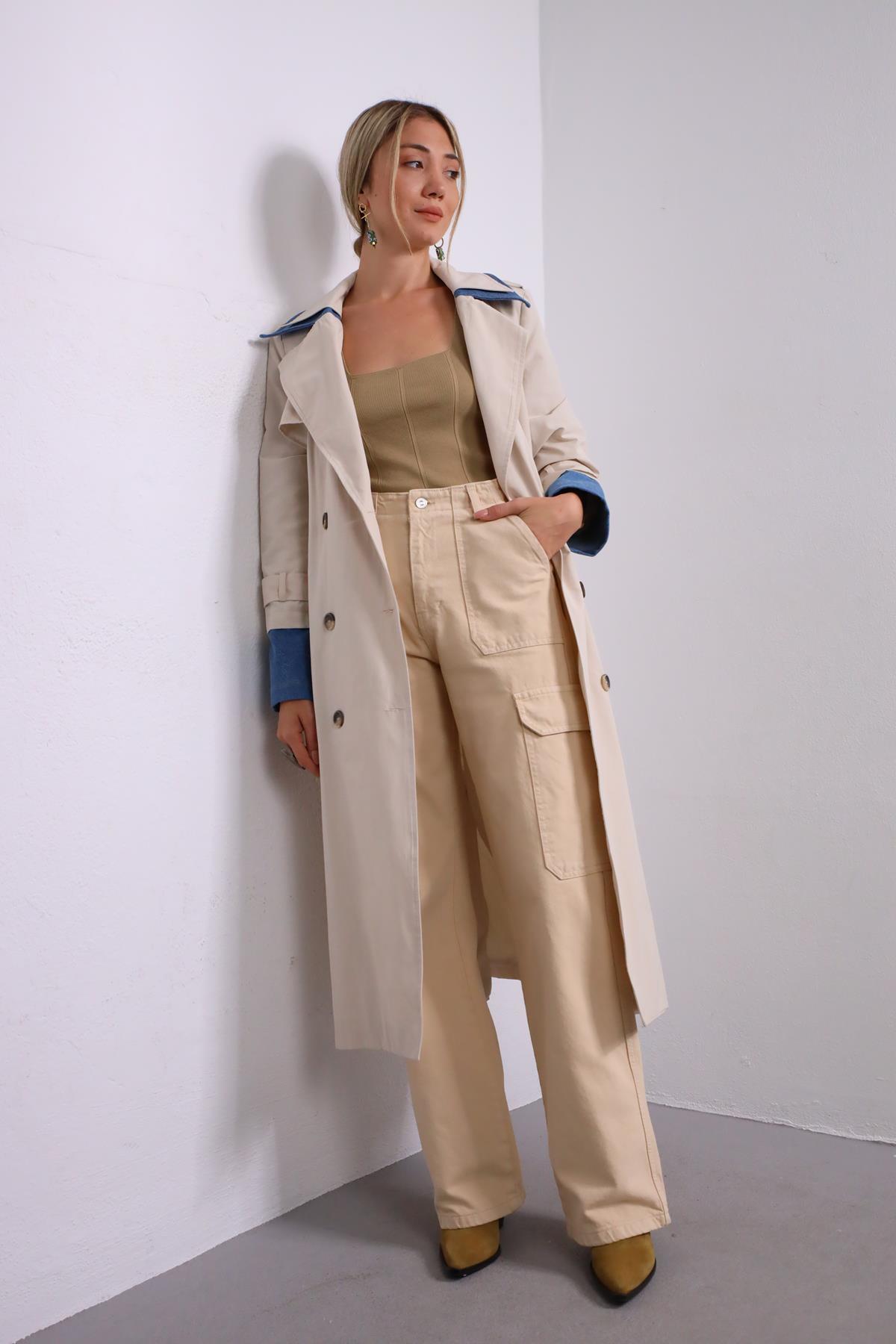  Taş Rengi Denim Parça Detaylı Trençkot