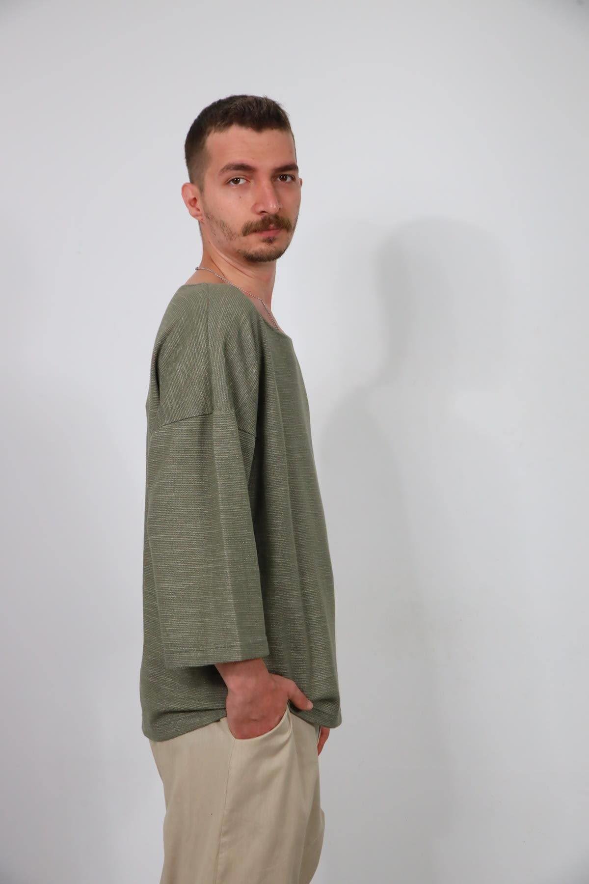  Haki Geniş Yaka Truvakar Kol Erkek Sweatshirt