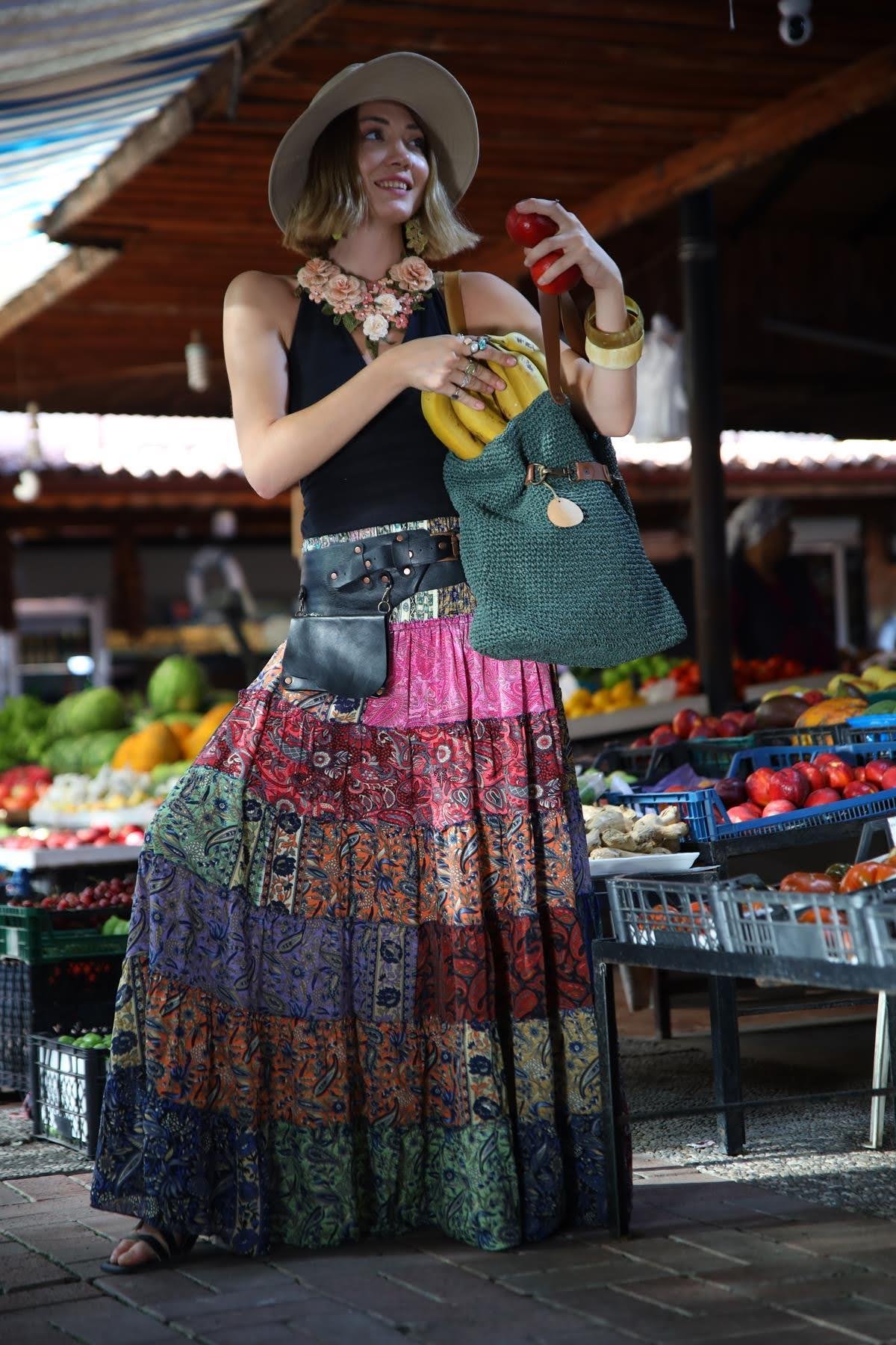 Renkli Beli Lastikli Otantik Desenli Patchwork Etek - Şaman Butik Renkli Beli Lastikli Otantik Desenli Patchwork Etek