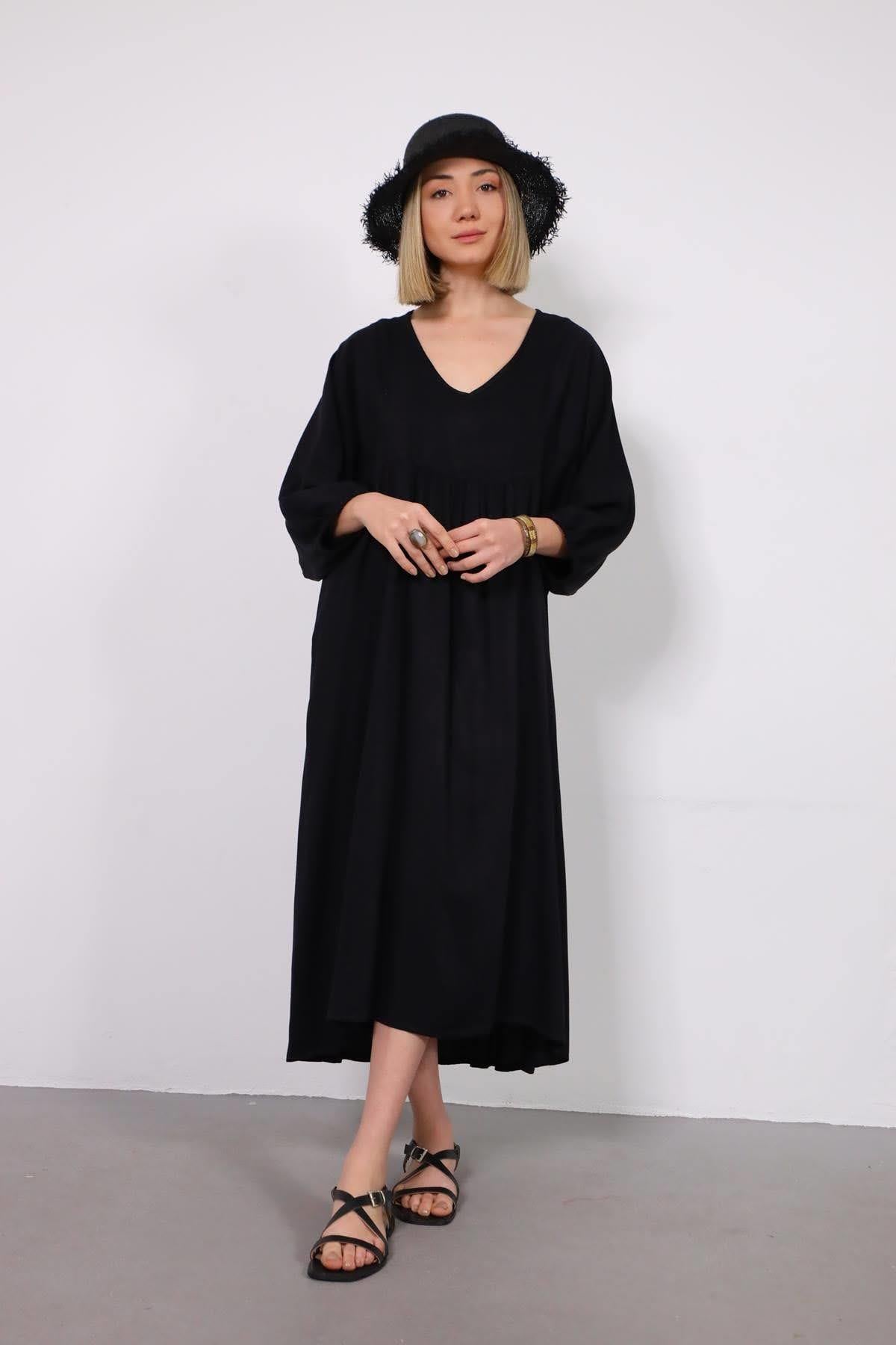 Siyah V Yaka Yarasa Kol Elbise - Şaman Butik Siyah V Yaka Yarasa Kol Elbise