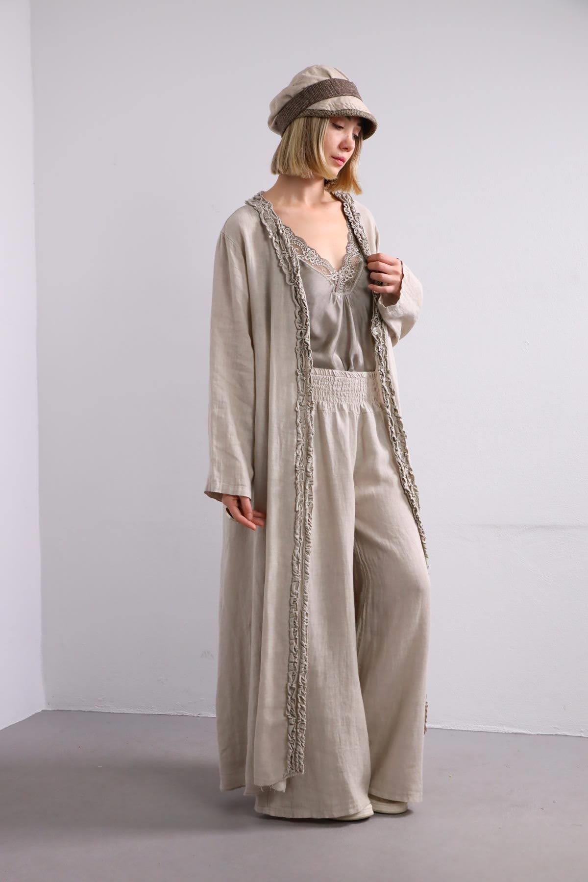 Krem Rengi Beli Lastikli Salaş Keten Pantolon - Şaman Butik Krem Rengi Beli Lastikli Salaş Keten Pantolon