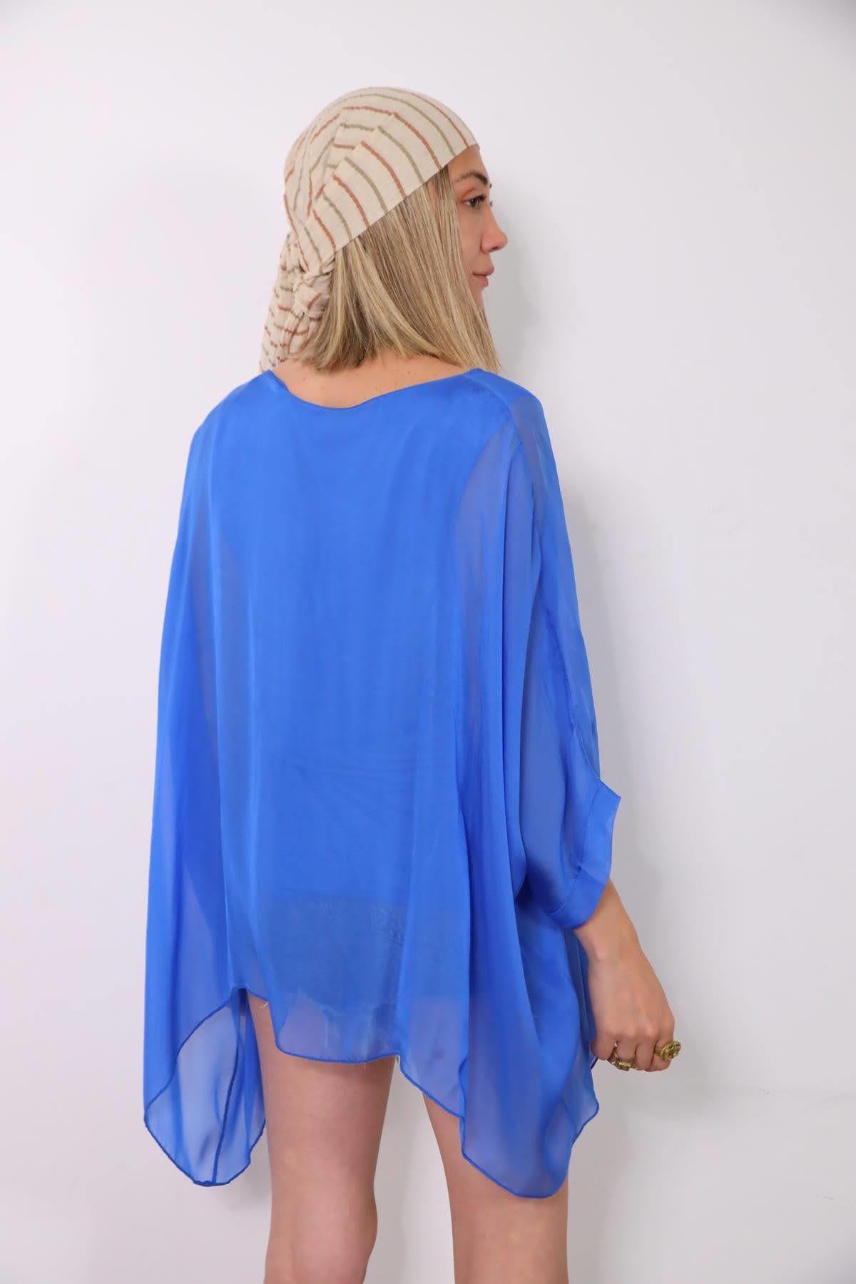 Saks Mavisi Yarasa Kol İpek Bluz - Şaman Butik Saks Mavisi Yarasa Kol İpek Bluz