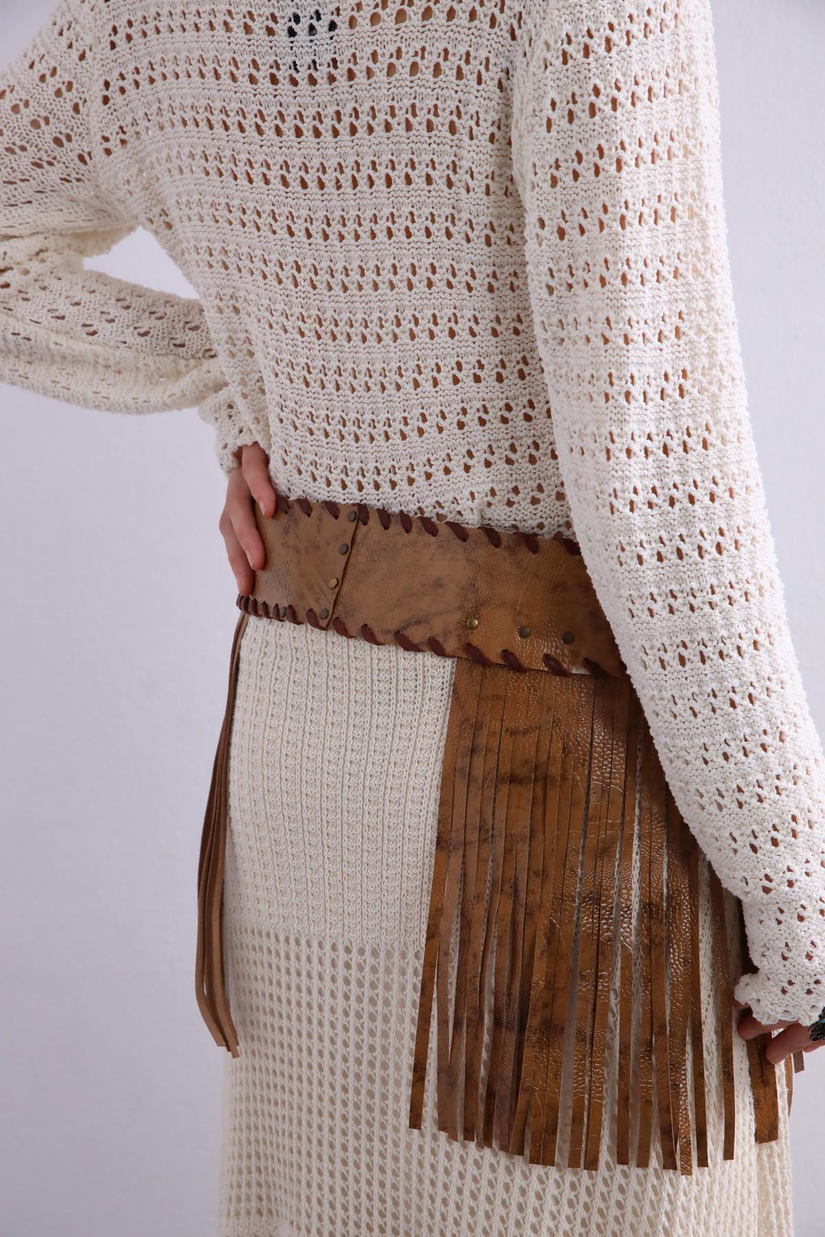 Kahverengi Püsküllü Deri Kemer - Şaman Butik Kahverengi Püsküllü Deri Kemer