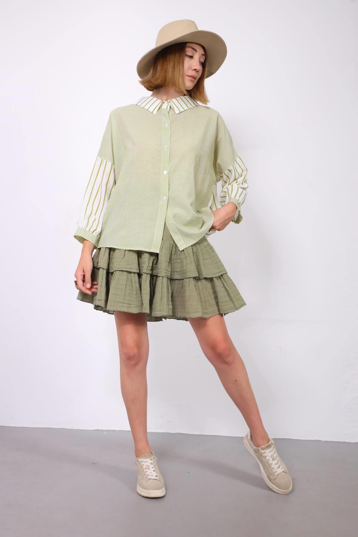  Fıstık Yeşili Arkası Bağlamalı Çizgili Otantik Gömlek