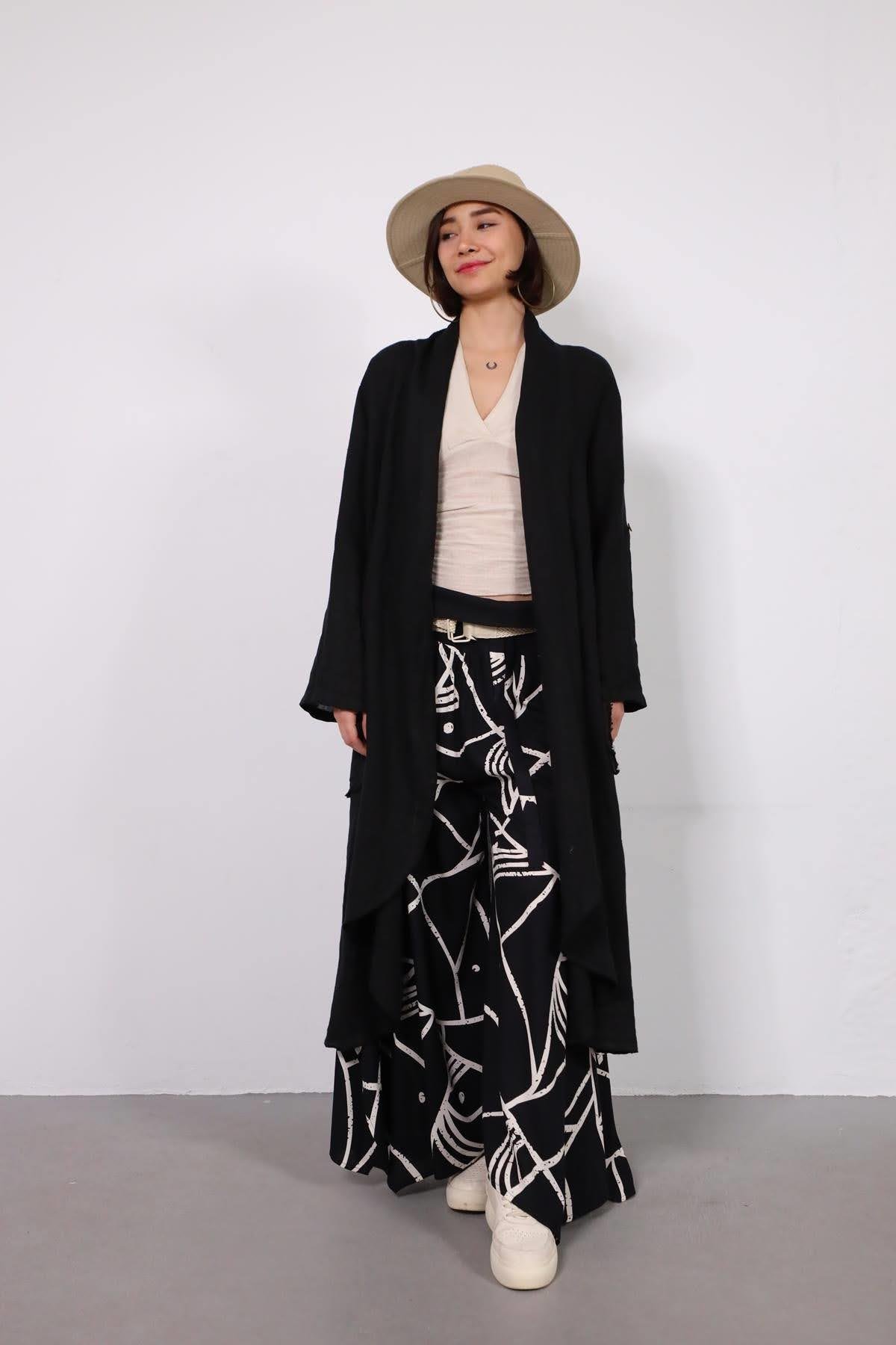 Siyah Cebi Düğmeli Keten Kaftan - Şaman Butik - Bohem Giyim ve Aksesuar | Kadın & Erkek Siyah Cebi Düğmeli Keten Kaftan