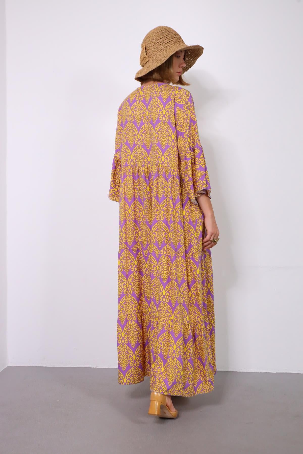 Mor Kesik Yaka Kolları Volanlı Etnik Desenli Elbise - Şaman Butik Mor Kesik Yaka Kolları Volanlı Etnik Desenli Elbise