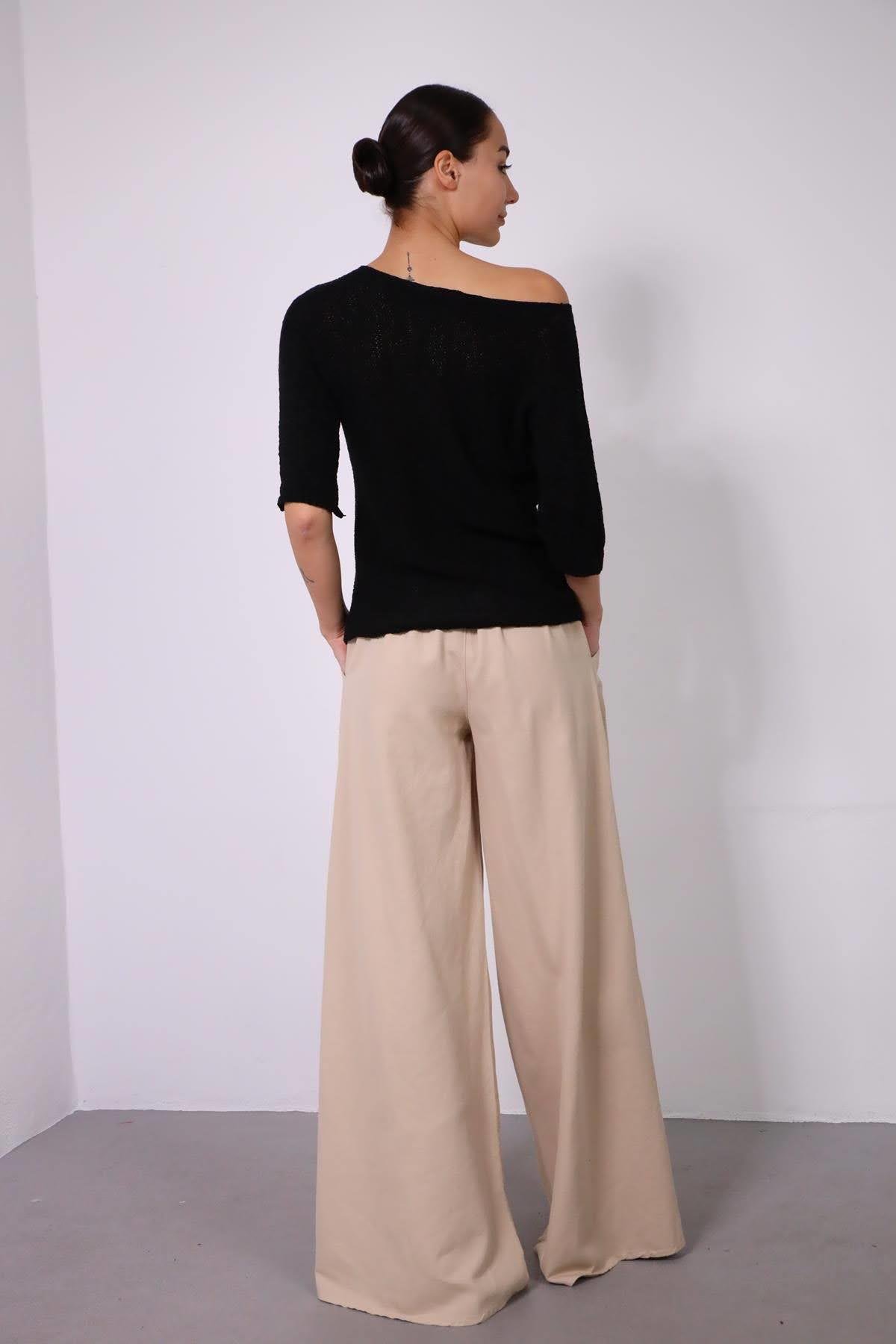 Navy Blue Floral Stitched Waist Shirt Dress - Şaman Butik Powder Pink Wide Leg Fillet Detailed Trousers