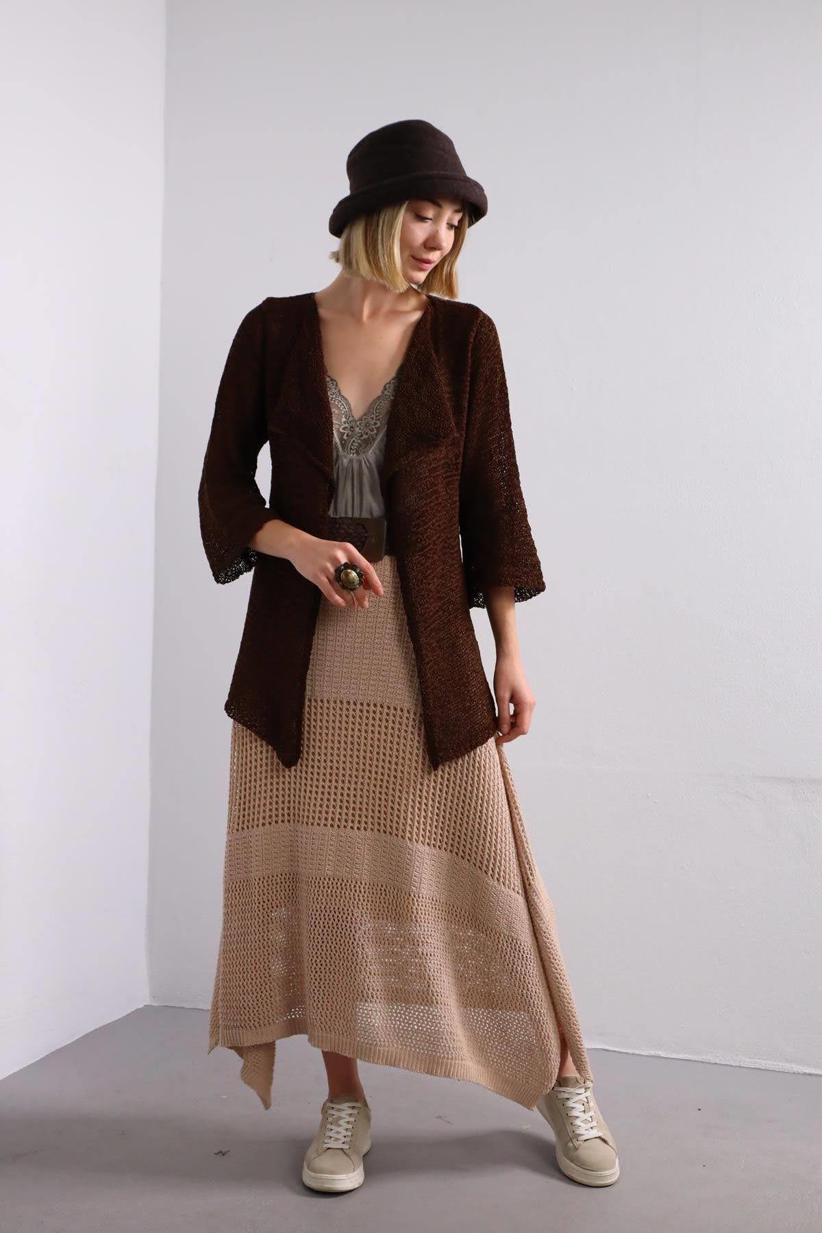  Kahverengi Kanca Detaylı Merserize Hırka