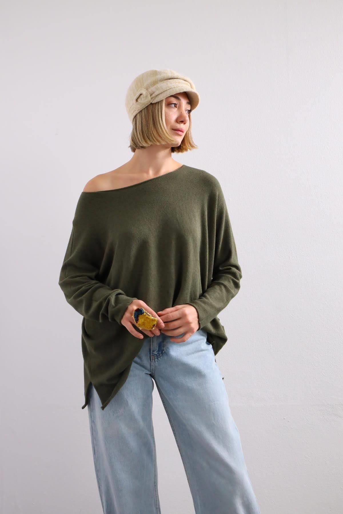  Haki Yumuşak Doku Bisiklet Yaka Bluz