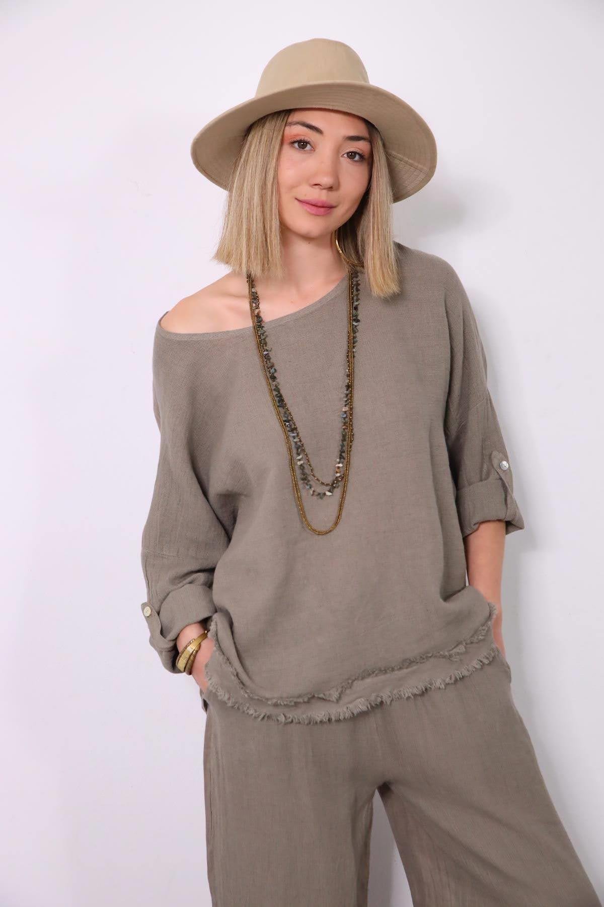  Vizon Rengi Püsküllü Örme Pamuk Detaylı Keten Takım