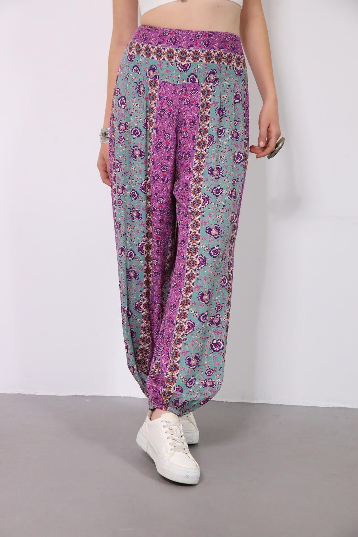 Purple Floral Patterned Elastic Waist Comfy Trousers - Saman Butik | Shop Online Purple Floral Patterned Elastic Waist Comfy Trousers