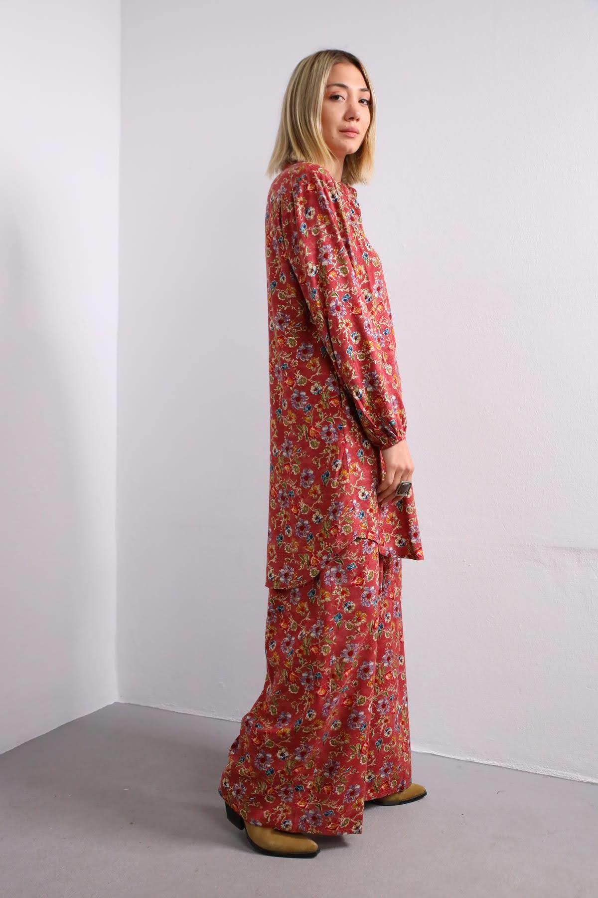 Gül Kurusu Boncuk Detay Çiçekli Takım - Şaman Butik Gül Kurusu Boncuk Detay Çiçekli Takım