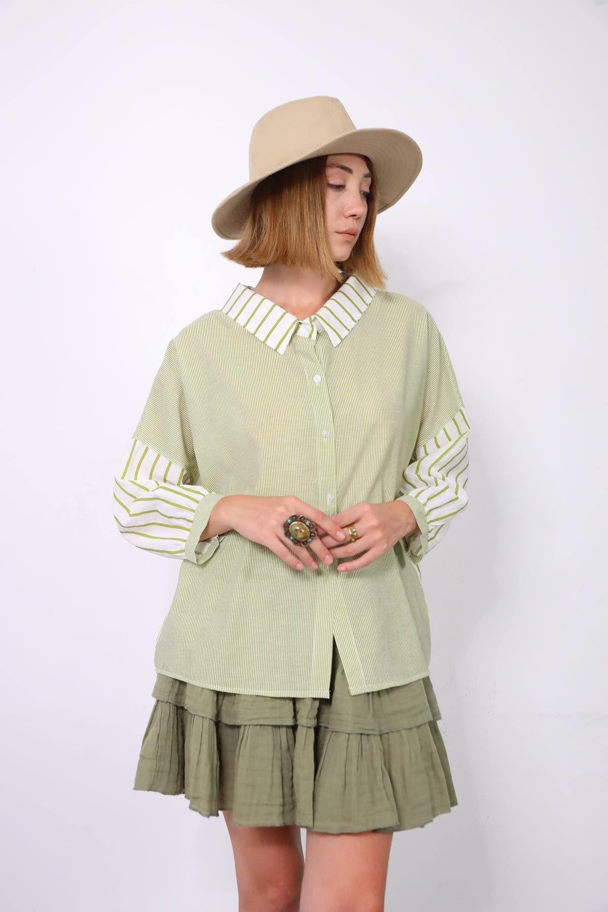  Fıstık Yeşili Arkası Bağlamalı Çizgili Otantik Gömlek