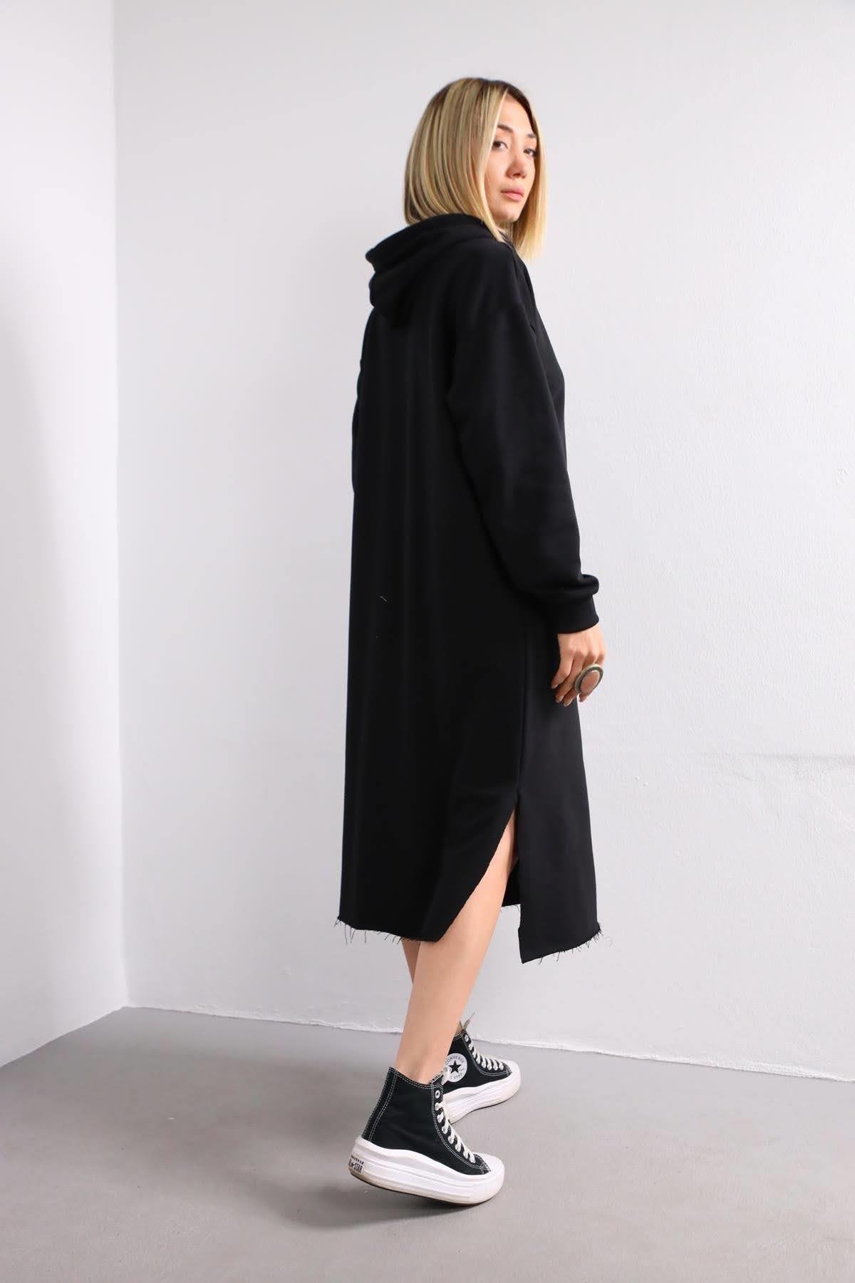 Siyah Kapüşonlu Sweat Elbise - Şaman Butik Siyah Kapüşonlu Sweat Elbise