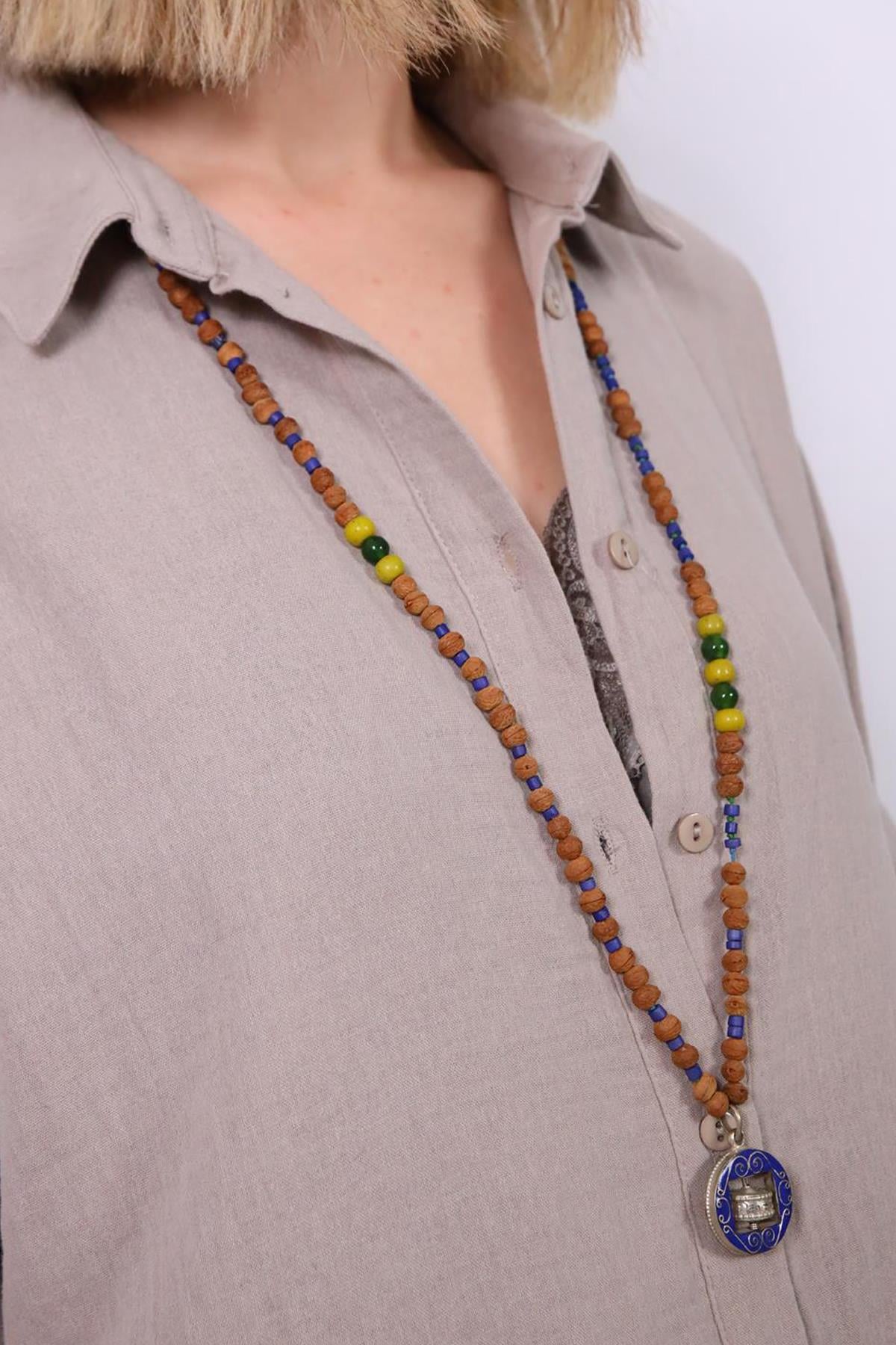 Rudrakshalı Antik Camlı Madalyonlu Uzun Mala - Şaman Butik Rudrakshalı Antik Camlı Madalyonlu Uzun Mala