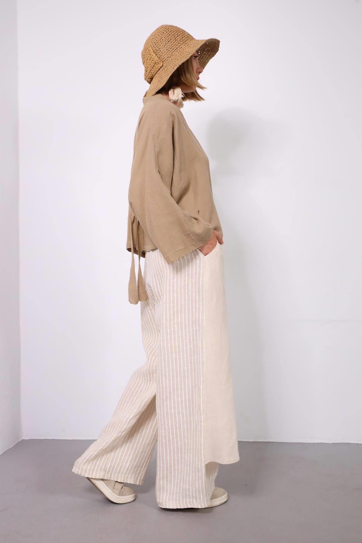  Açık Kahverengi Yarasa Kol Püsküllü Sırt Detaylı Gömlek