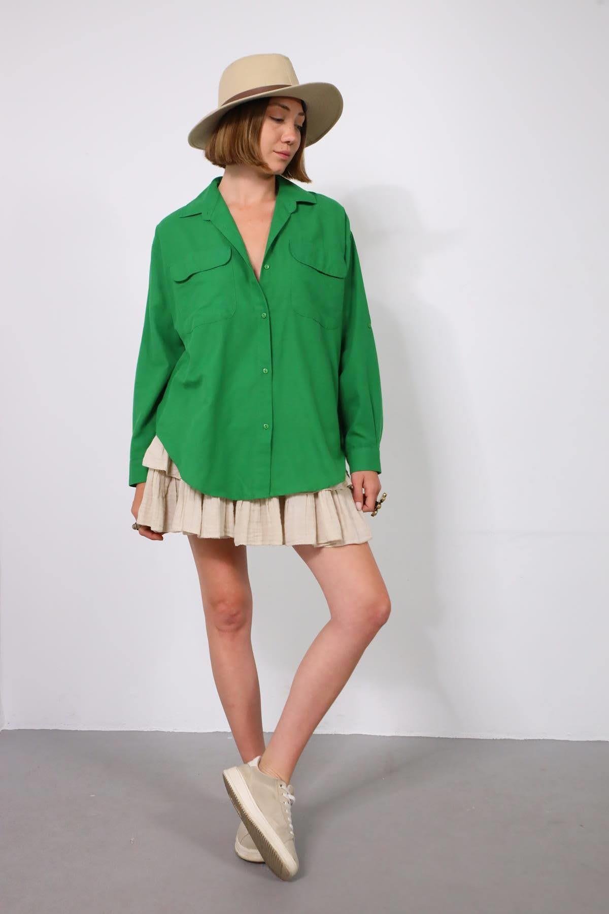Green Big Pocket Open Back Shirt - Saman Butik | Shop Online Green Big Pocket Open Back Shirt