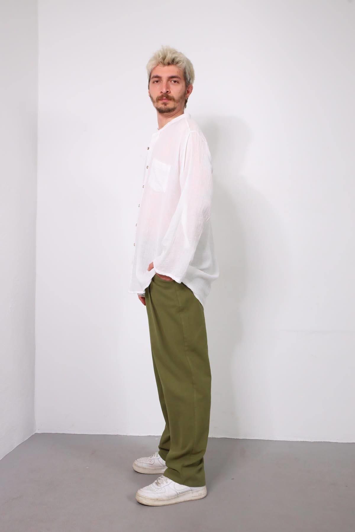  Haki Beli Lastikli Pileli Pantolon