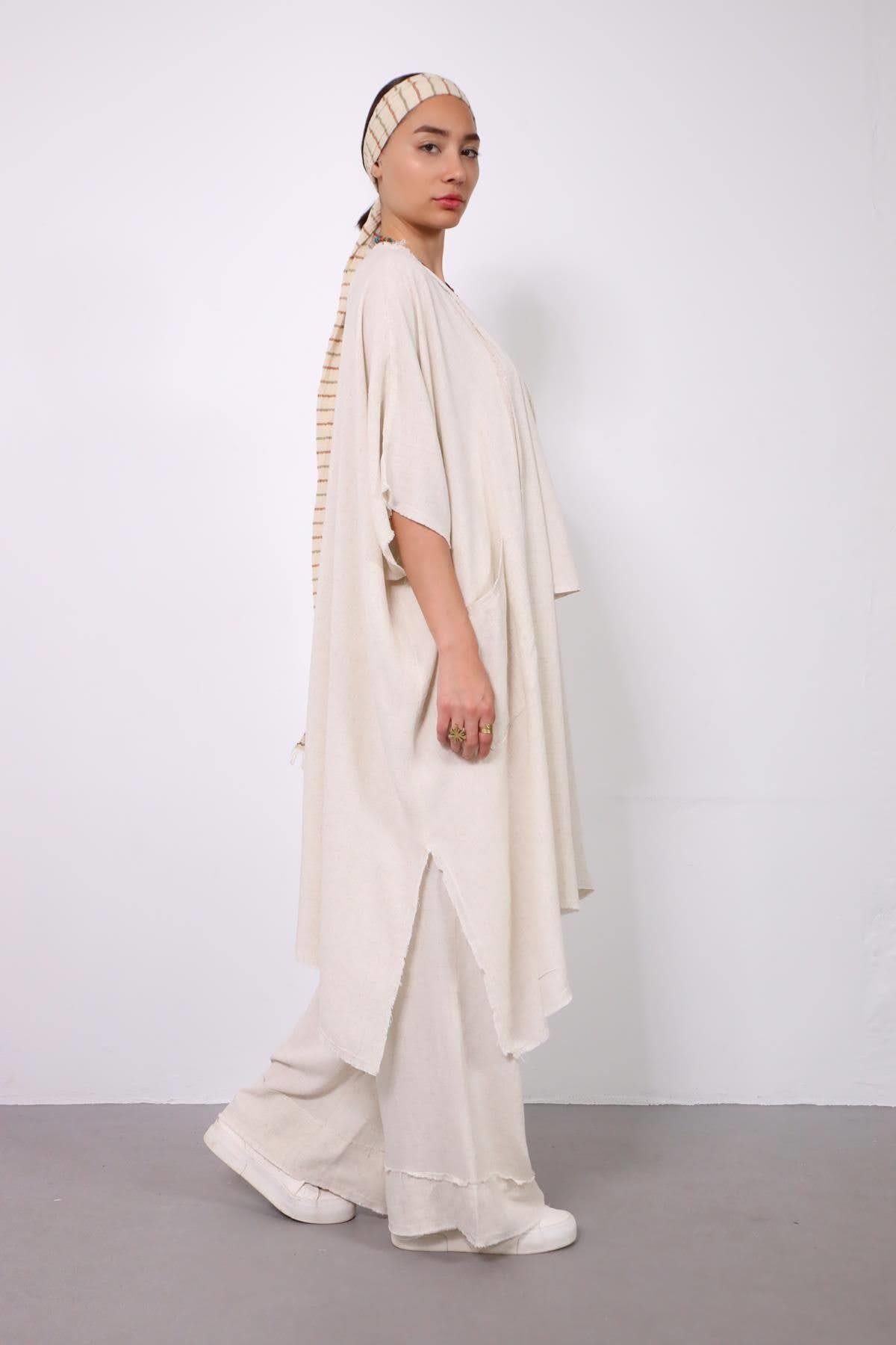 Cream Fringed Short Sleeve Caftan - Saman Butik | Shop Online Cream Fringed Short Sleeve Caftan