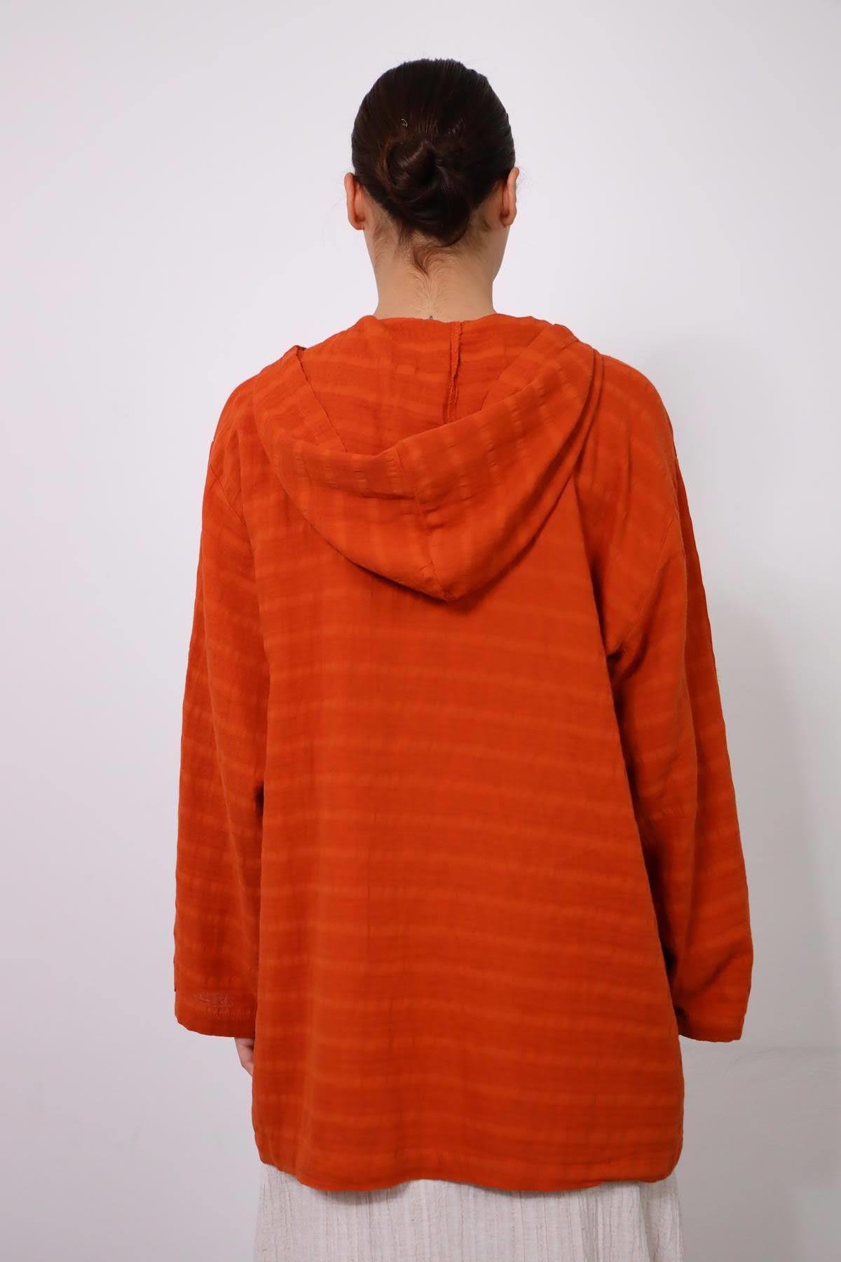  Kiremit Rengi Kapüşonlu Müslin Gömlek