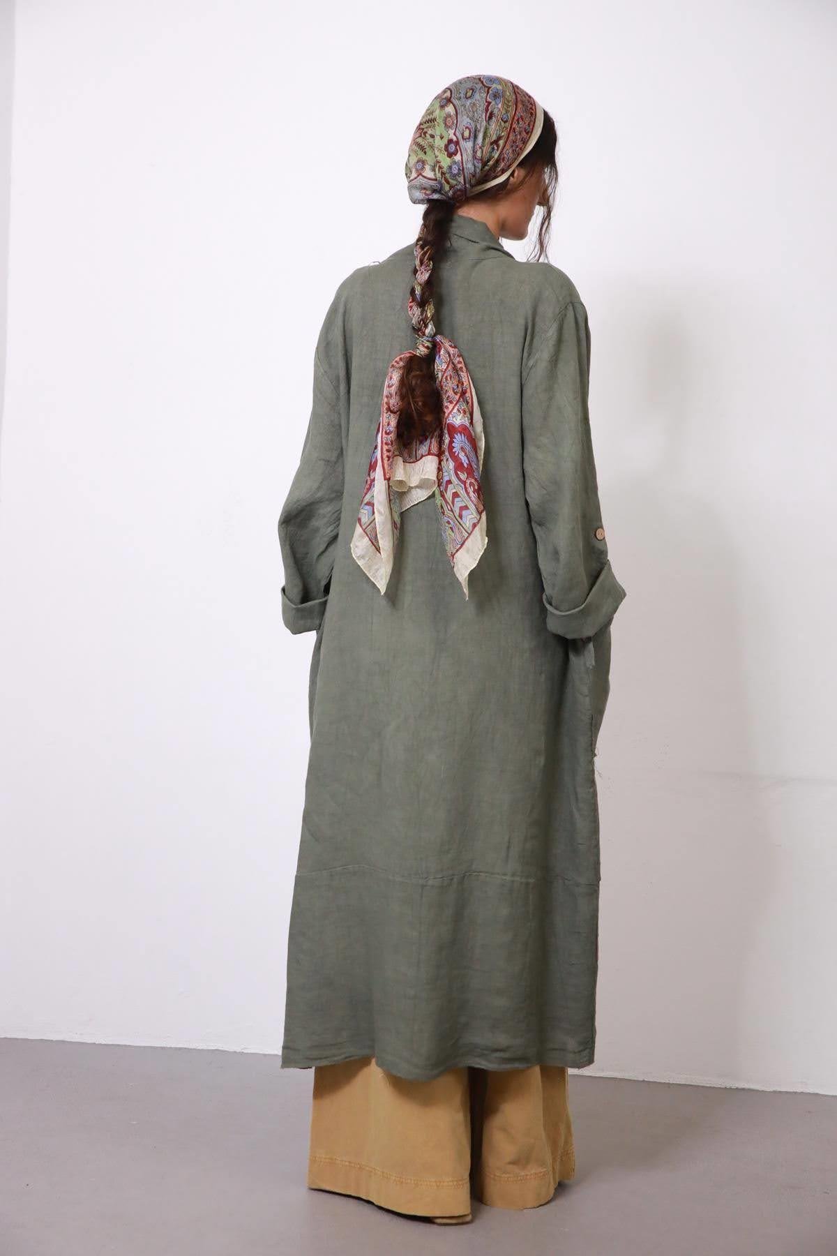  Haki Cebi Düğmeli Keten Kaftan