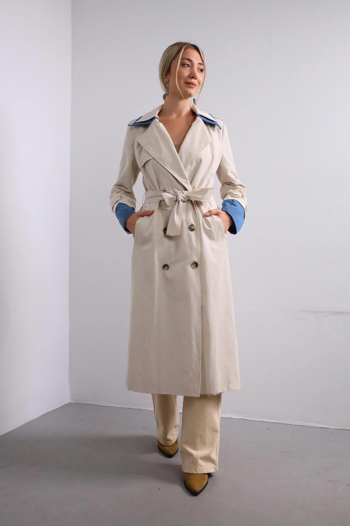  Taş Rengi Denim Parça Detaylı Trençkot