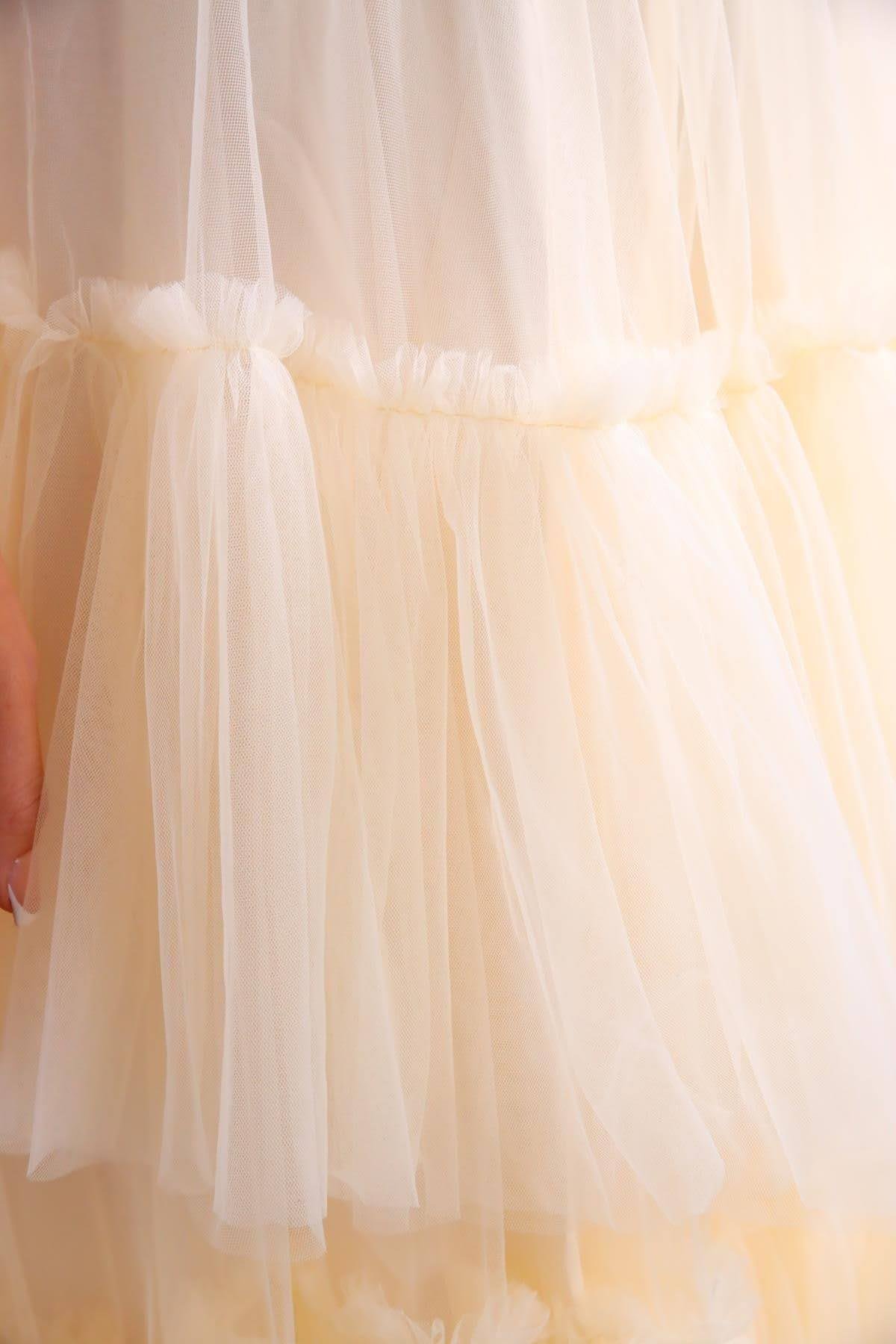  Krem Rengi Kat Kat Tül Etek