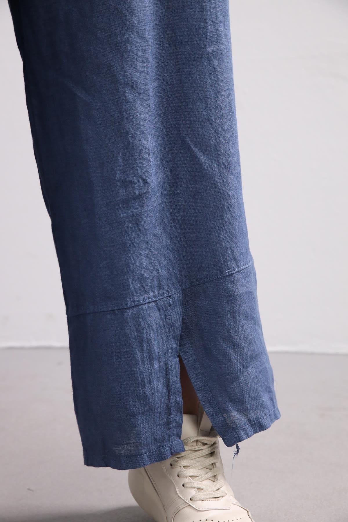 İndigo Mavi Pullu V Yaka Keten Takım - Şaman Butik İndigo Mavi Pullu V Yaka Keten Takım