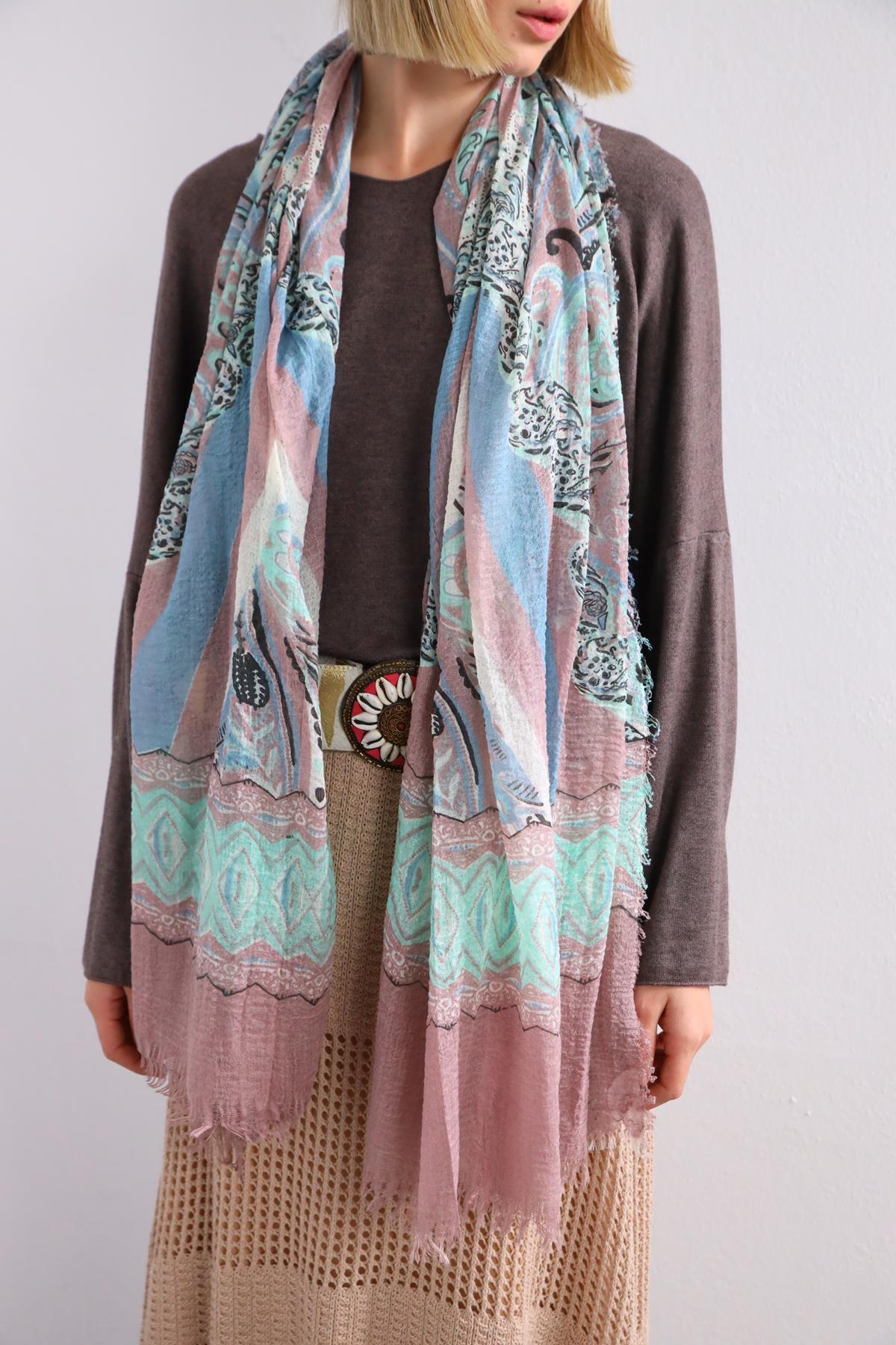 Gül Kurusu Desenli Saçaklı Şal - Şaman Butik Gül Kurusu Desenli Saçaklı Şal