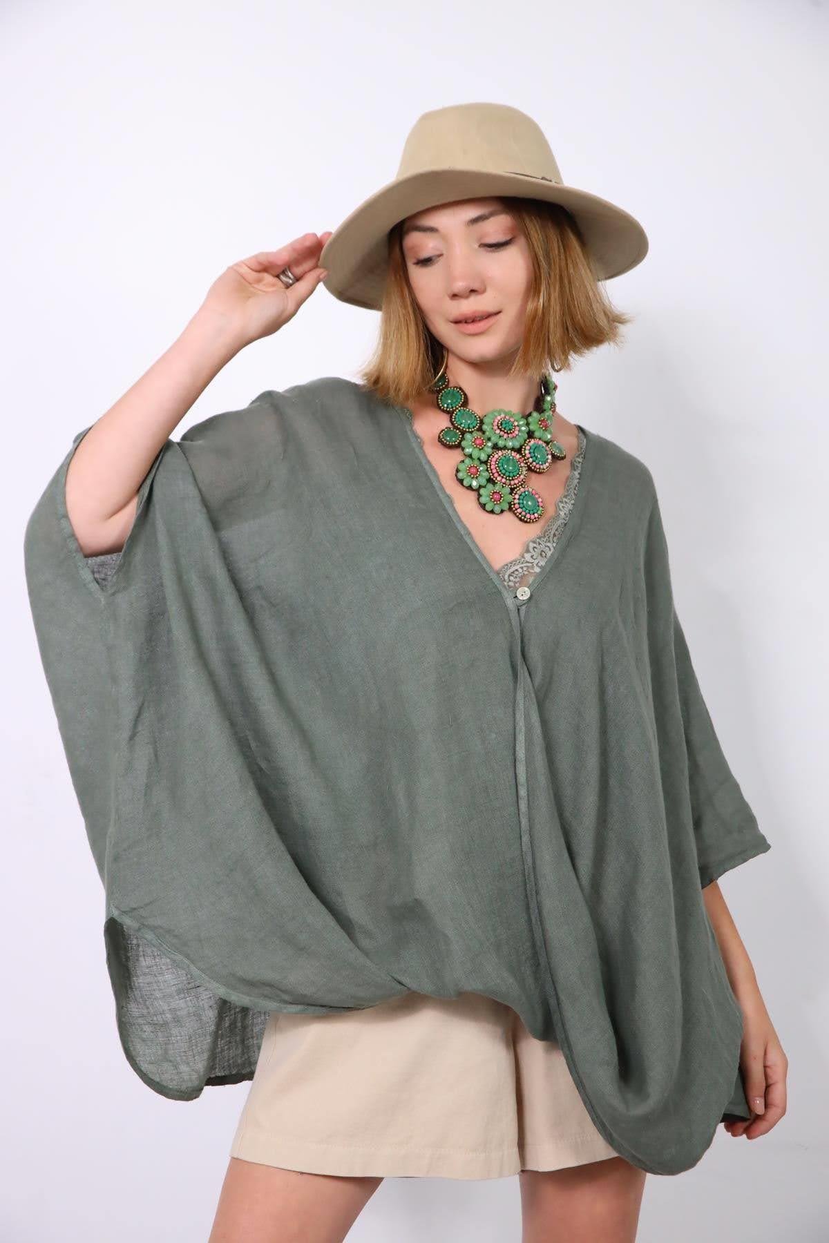 Haki Tek Düğme Keten Judith Bluz - Şaman Butik - Bohem Giyim ve Aksesuar | Kadın & Erkek Haki Tek Düğme Keten Judith Bluz