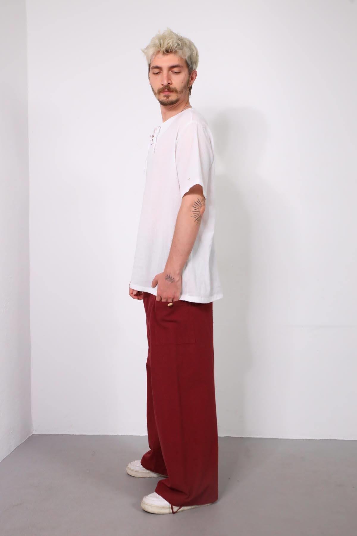  Bordo Beli Desenli Balıkçı Pantolon